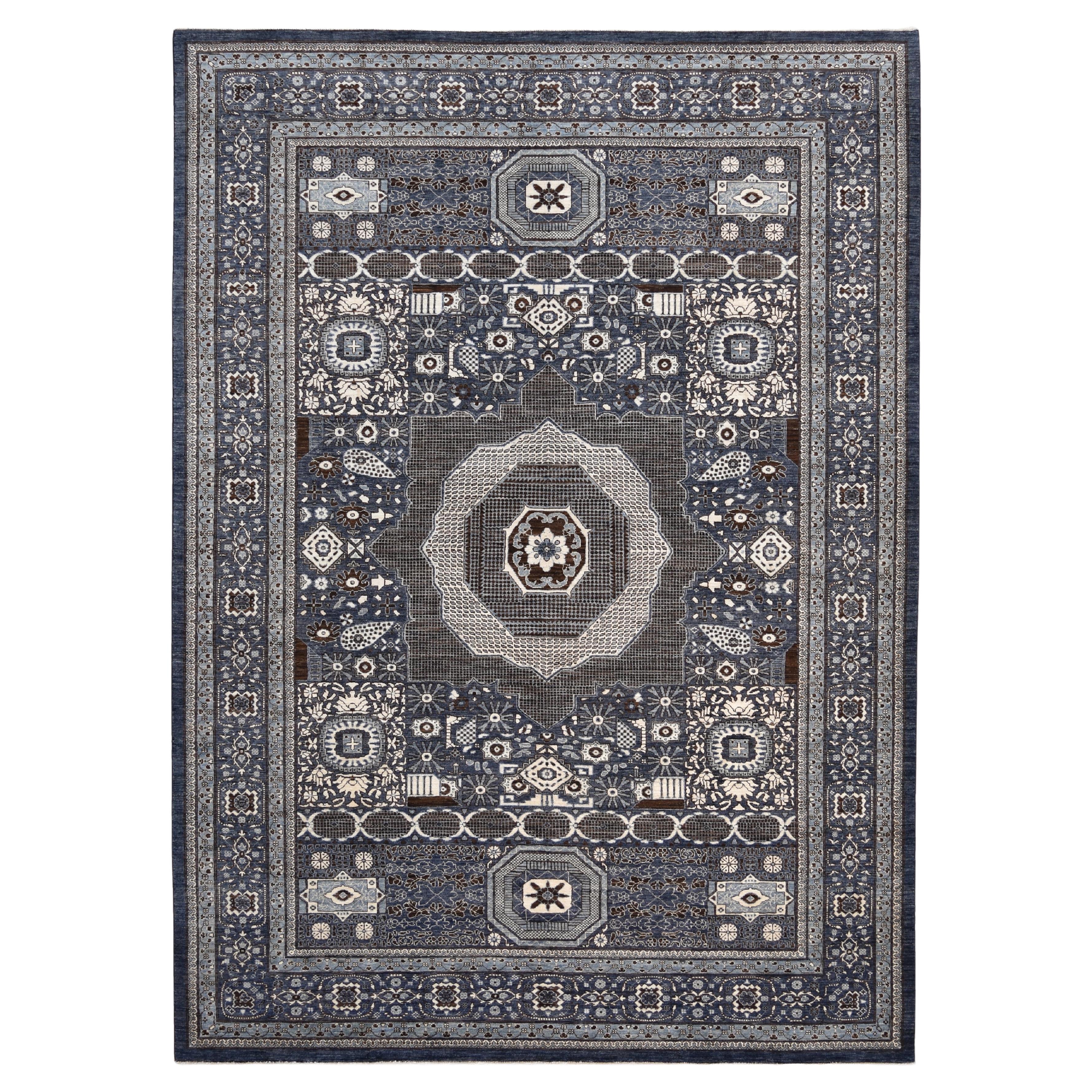 Tapis en laine à motifs bleus et bruns Mamluke 10'x14'.
