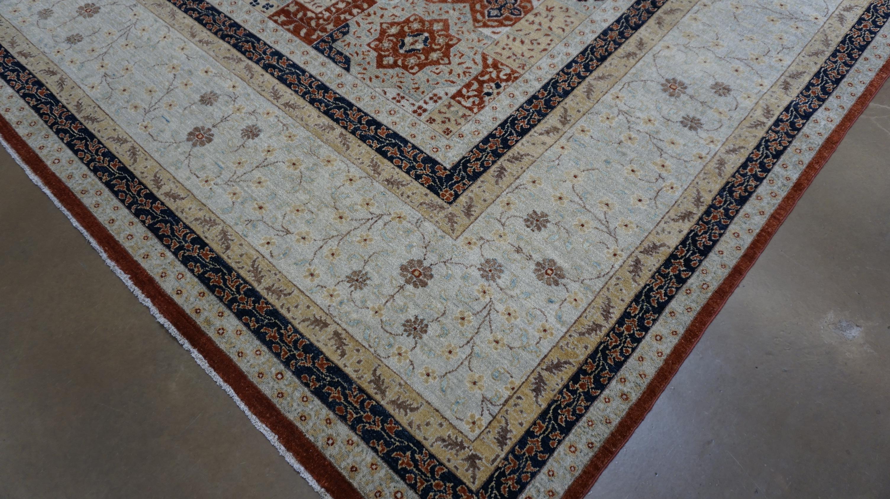 Tapis en laine à motif Mamluke  9′1″ × 12′ Design géométrique en rouille et bleu en vente 3