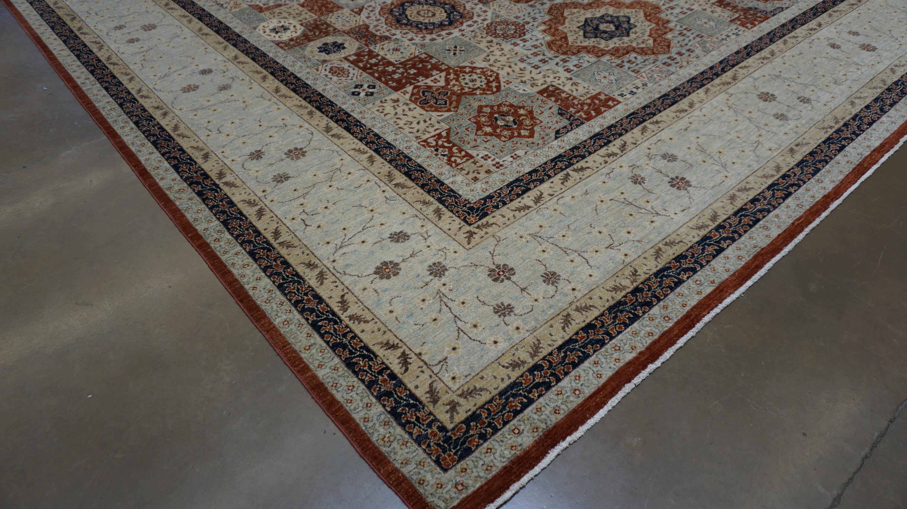 Tapis en laine à motif Mamluke  9′1″ × 12′ Design géométrique en rouille et bleu en vente 4