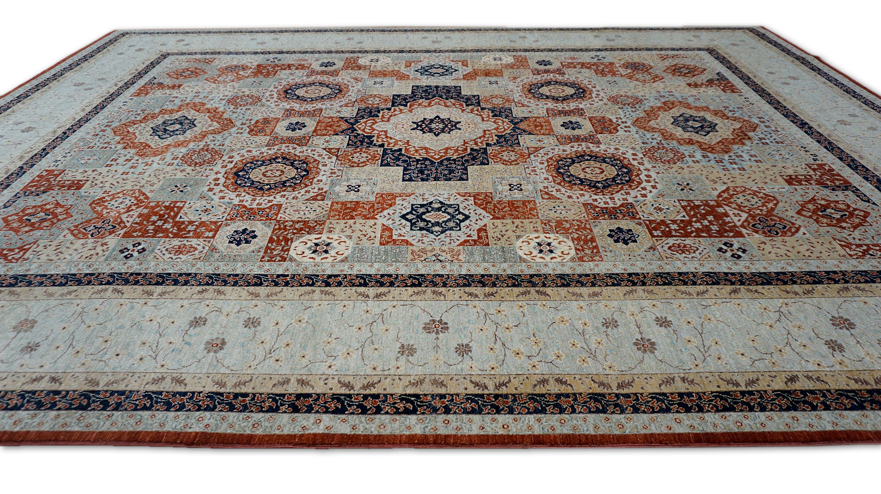 Artisanat Tapis en laine à motif Mamluke  9′1″ × 12′ Design géométrique en rouille et bleu en vente