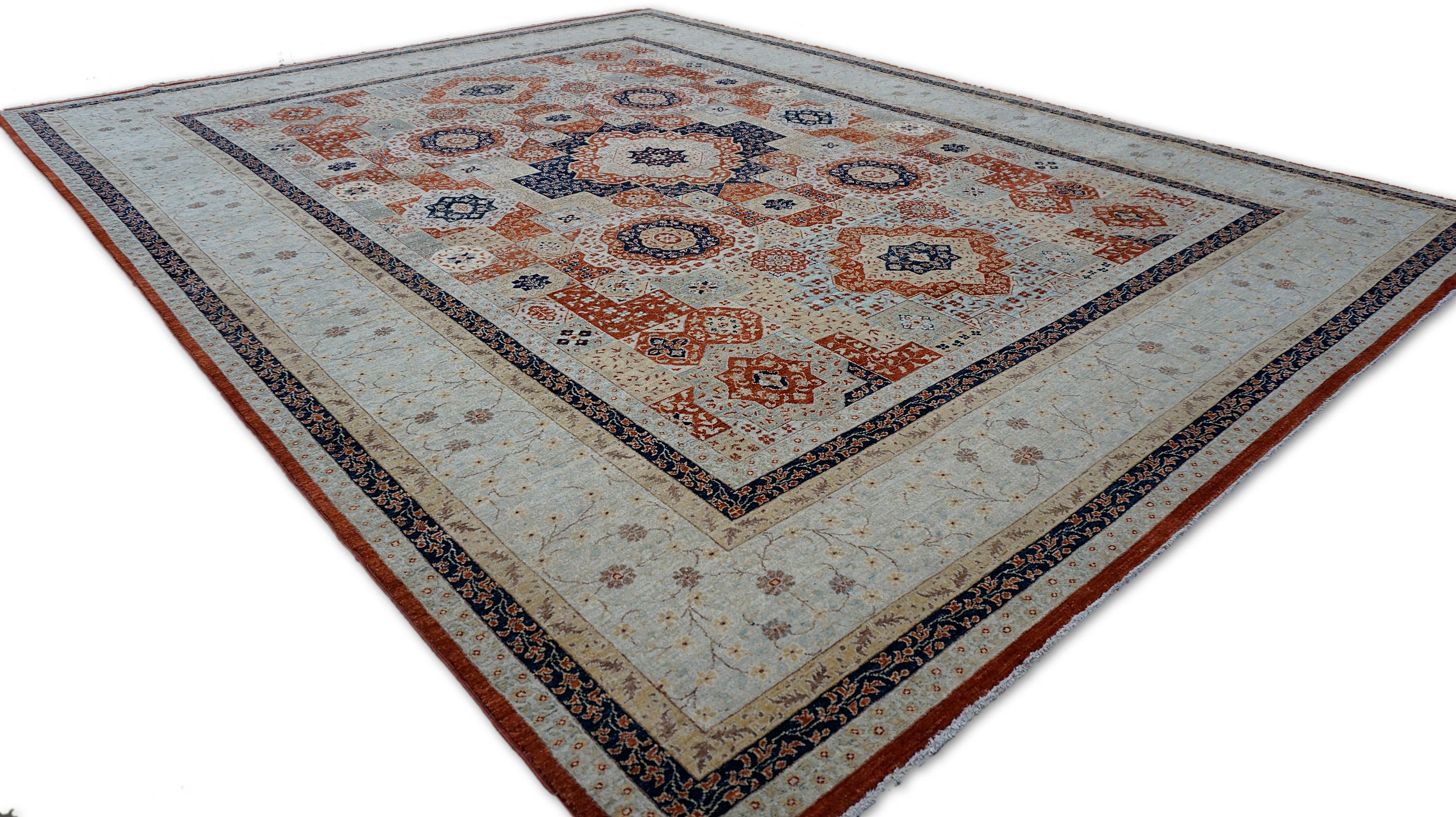 Pakistanais Tapis en laine à motif Mamluke  9′1″ × 12′ Design géométrique en rouille et bleu en vente