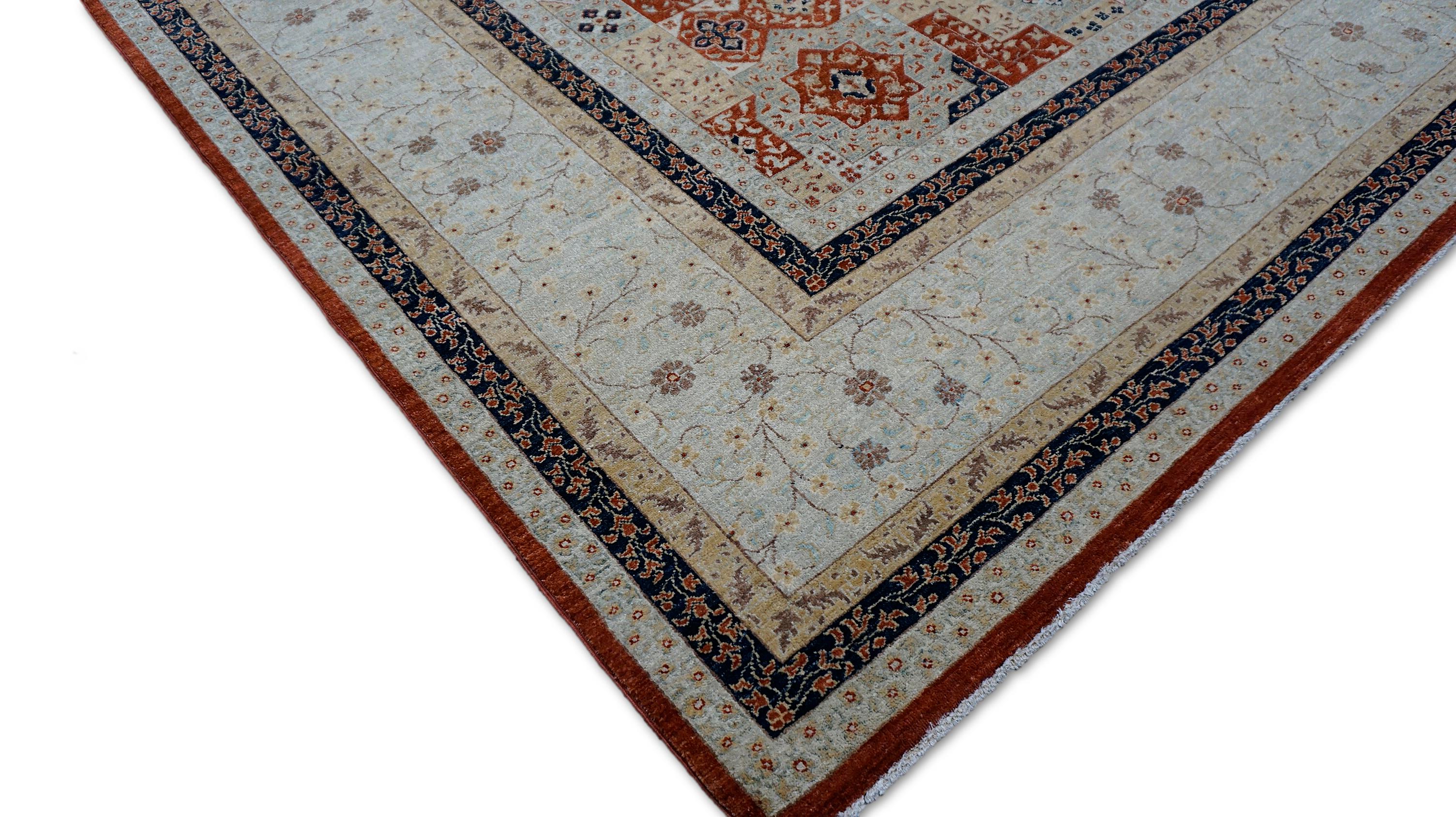 Noué à la main Tapis en laine à motif Mamluke  9′1″ × 12′ Design géométrique en rouille et bleu en vente