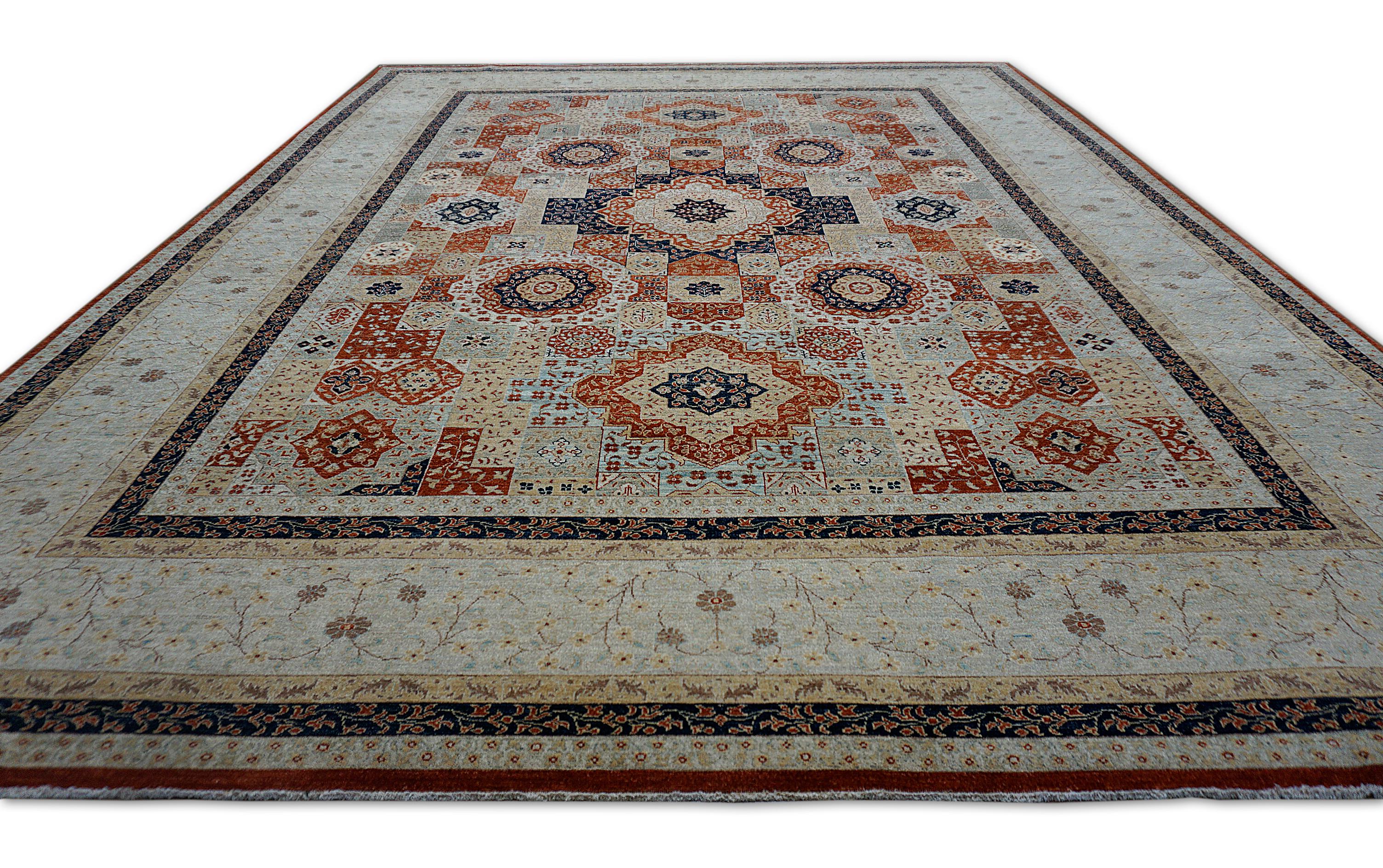 Tapis en laine à motif Mamluke  9′1″ × 12′ Design géométrique en rouille et bleu Neuf - En vente à Torrance, CA