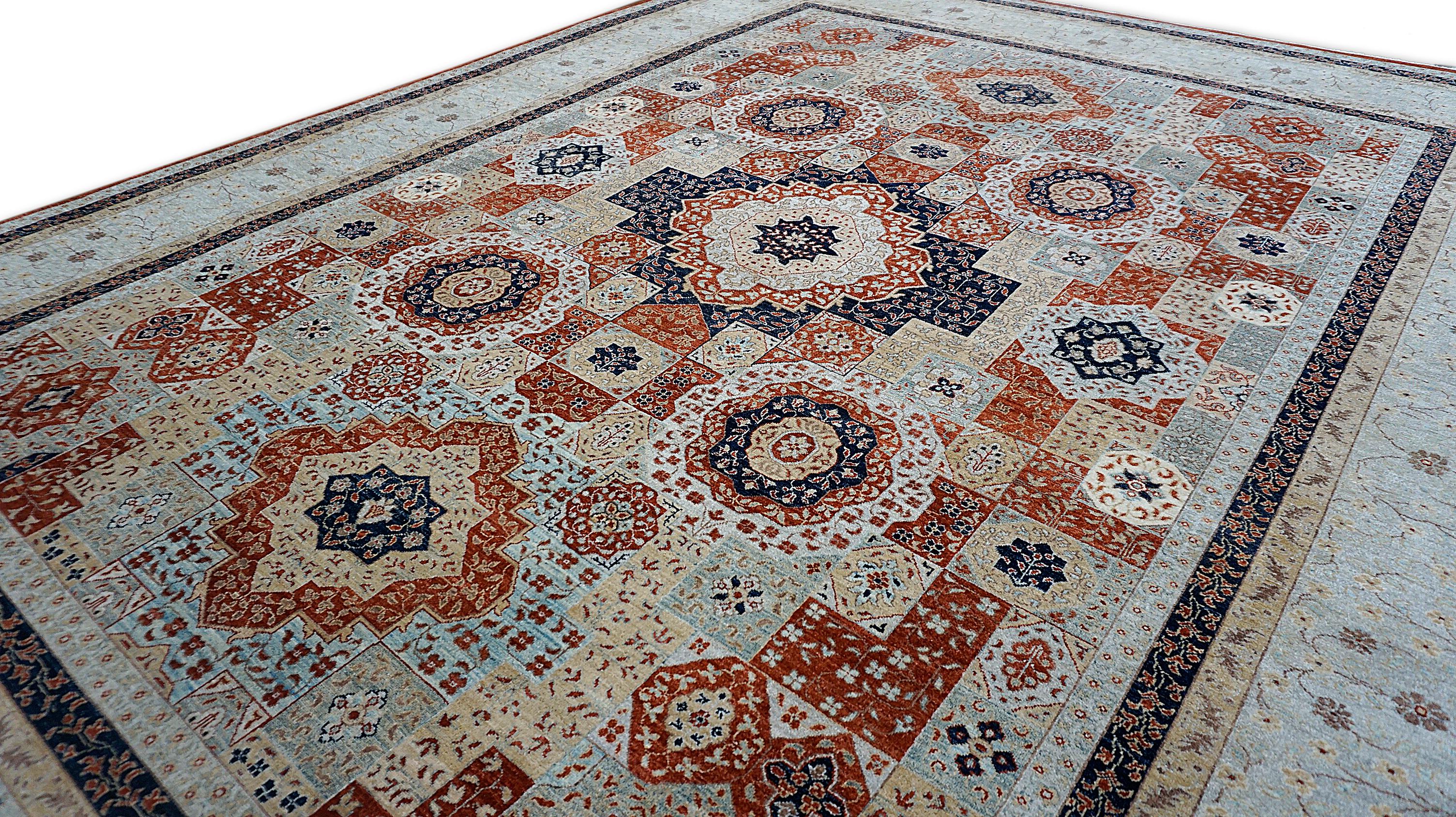 XXIe siècle et contemporain Tapis en laine à motif Mamluke  9′1″ × 12′ Design géométrique en rouille et bleu en vente