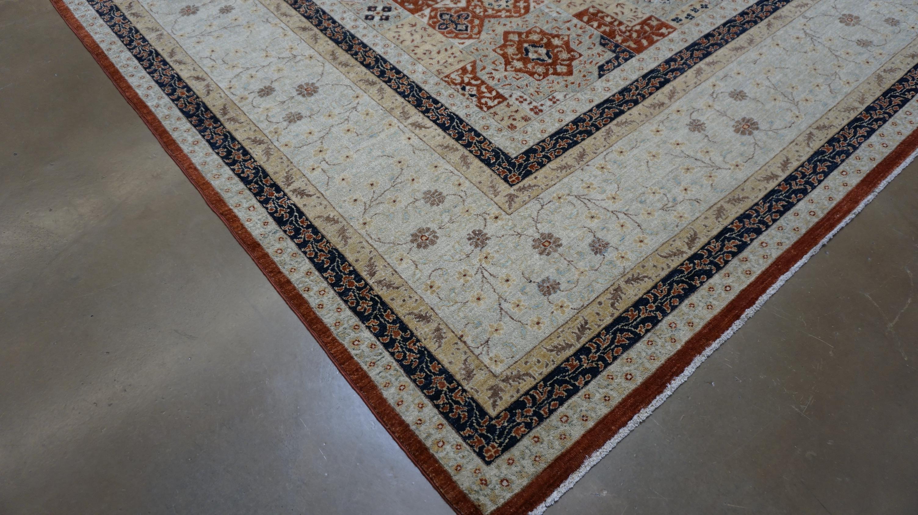 Laine Tapis en laine à motif Mamluke  9′1″ × 12′ Design géométrique en rouille et bleu en vente
