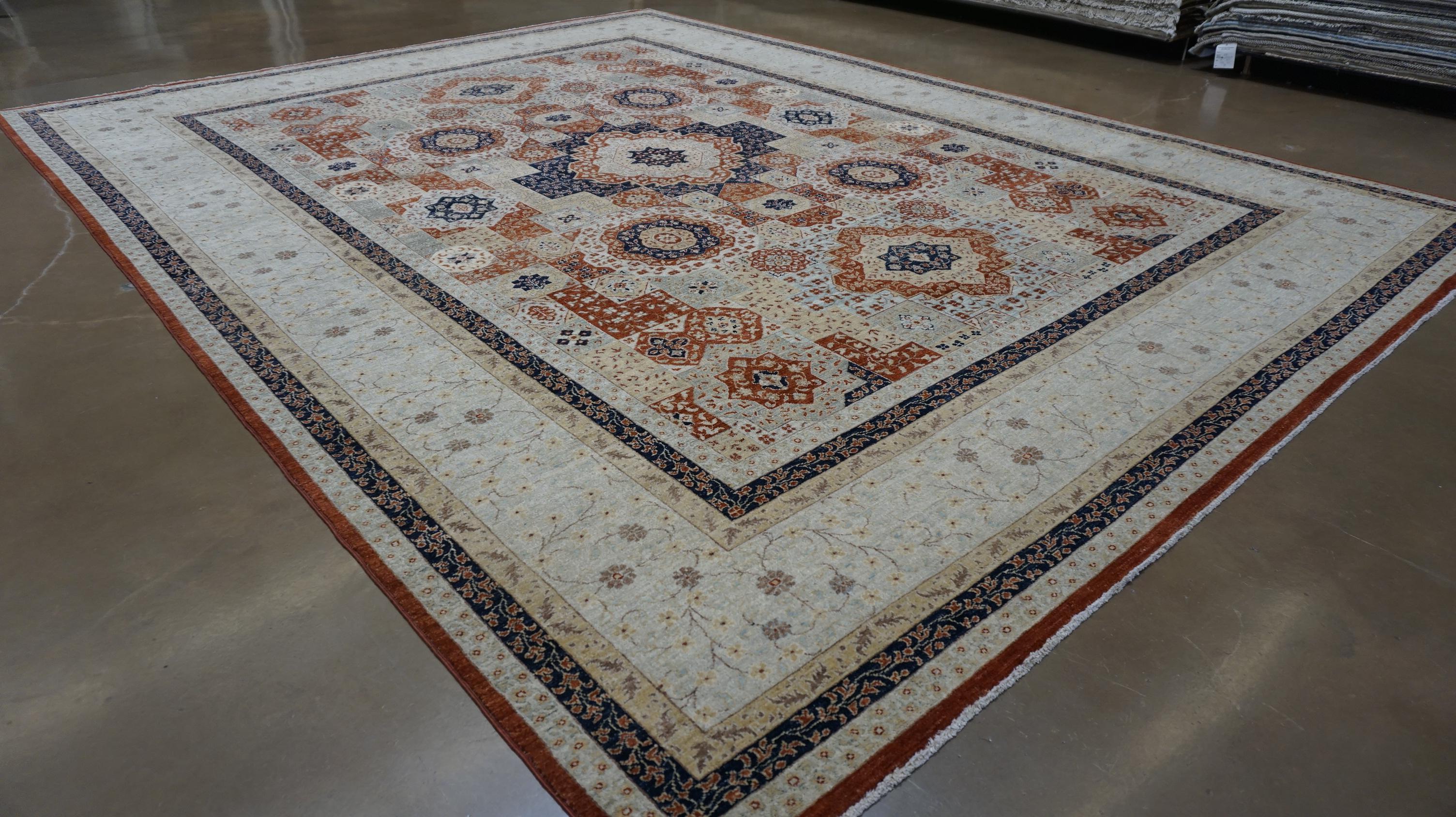 Tapis en laine à motif Mamluke  9′1″ × 12′ Design géométrique en rouille et bleu en vente 1