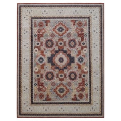 Mamluk Pattern Wool Rug  9′1″ × 12′ Geometric Design in Rust and Blue