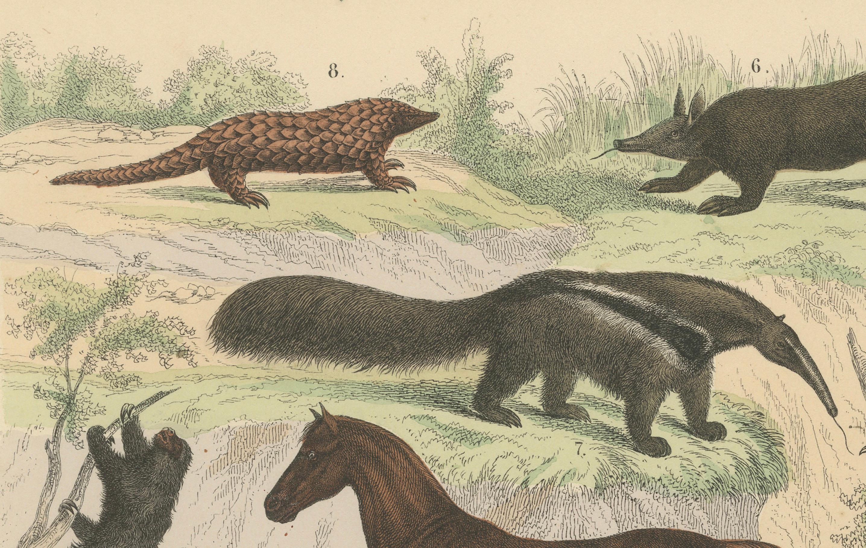 Gravure sur Mammifères : Cheval, Zèbre, Fourmilier et Pangolin - Antique 1867 en vente 1
