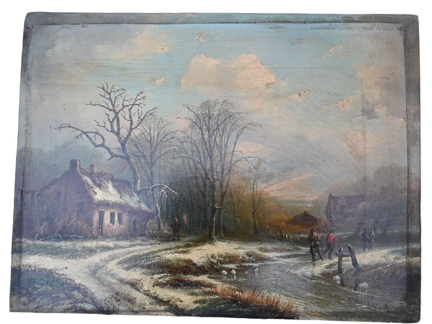 Romantic Mammes Charles, Winter Landscape Oil On Panel, First Half Of The 19th Century For Sale