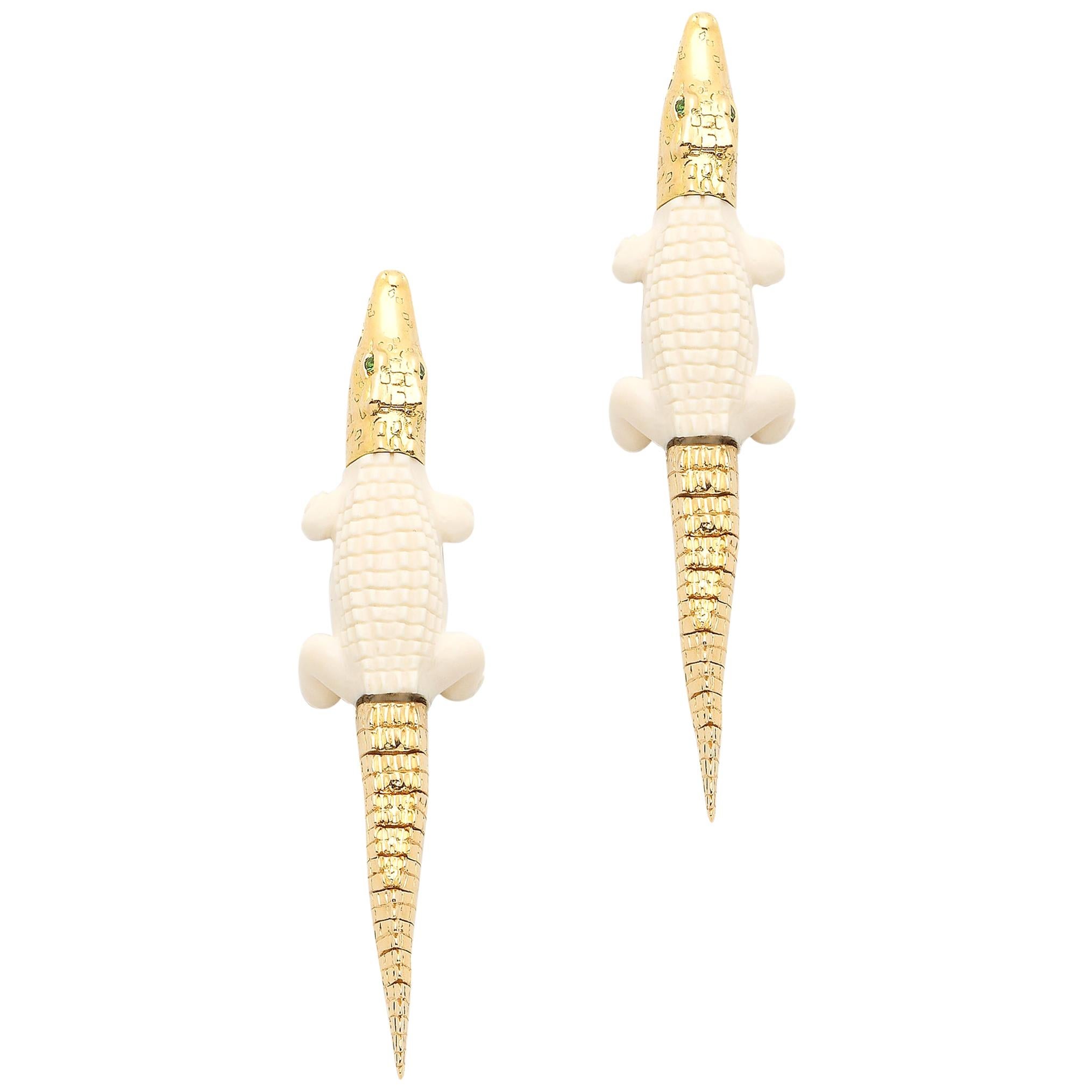 Mammoth Alligator Bite Tsavorites and 18 Karat Yellow Gold Earrings For Sale
