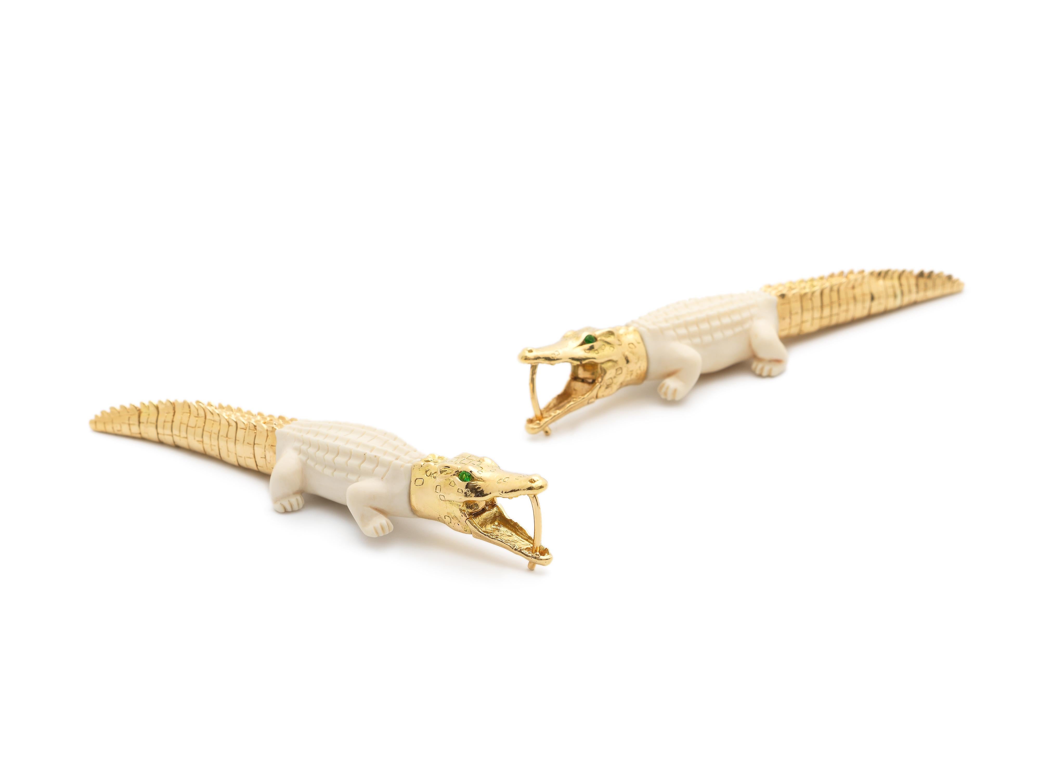 Intricately carved to replicate an alligator’s body in miniature, these earrings convey a fierce glamour. The earrings are designed in 18k yellow gold and 60,000-year-old mammoth tusk, with the alligator’s mouth acting as the earrings’ closing