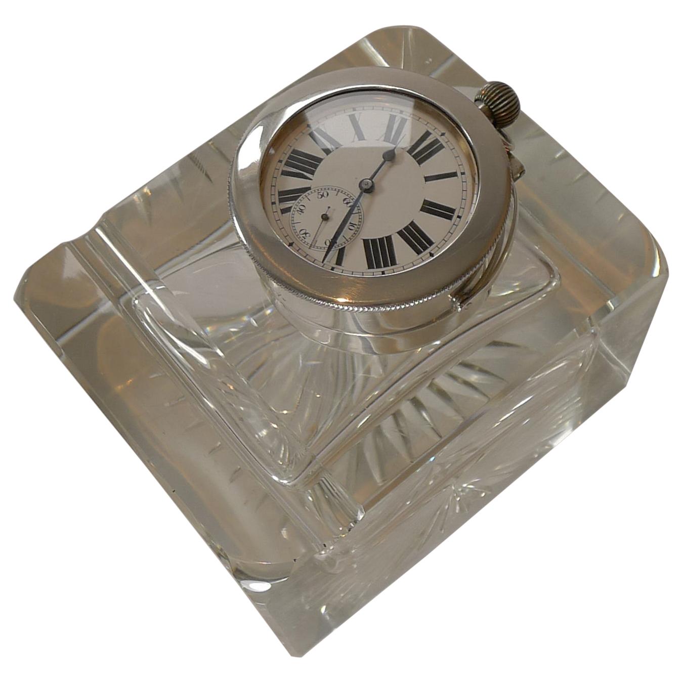 Mammoth Antique English Sterling Silver and Glass Pocket Watch Inkwell