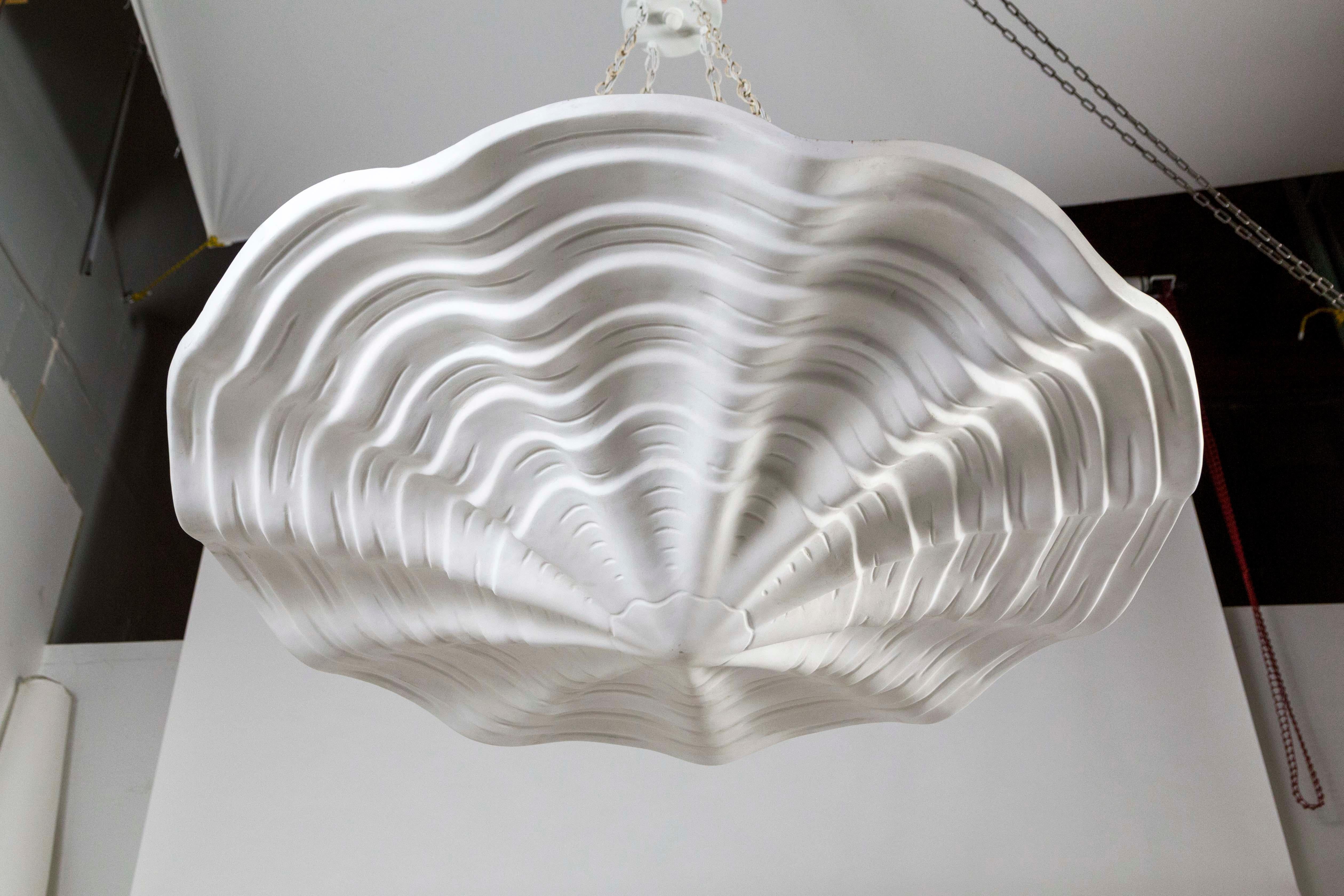 Contemporary Mammoth Undulating Ribbed White Plaster Shell Pendant