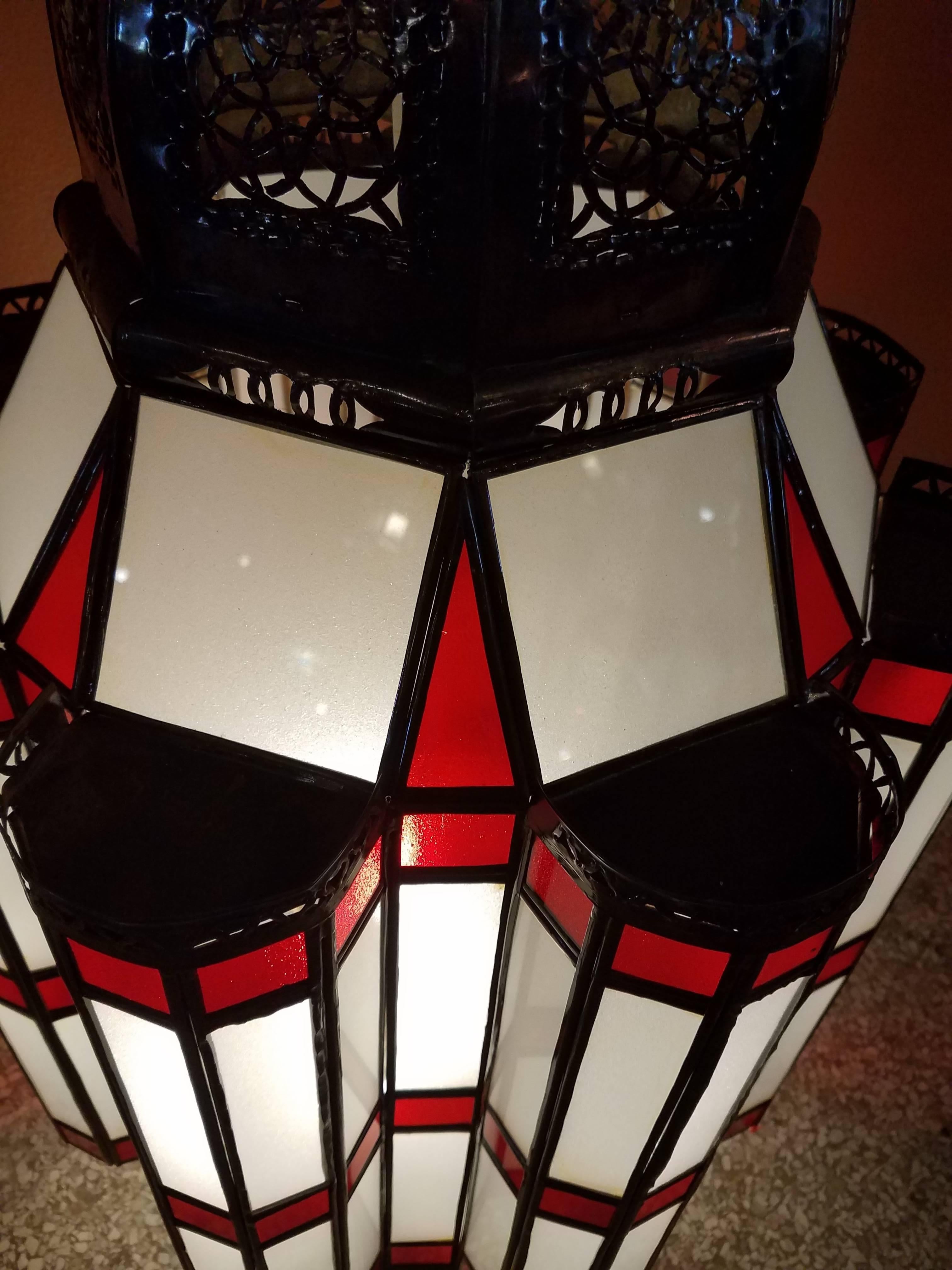 Mamounia Metal Lantern, Moroccan Handmade, Red / Frosty White Glass In Excellent Condition In Orlando, FL