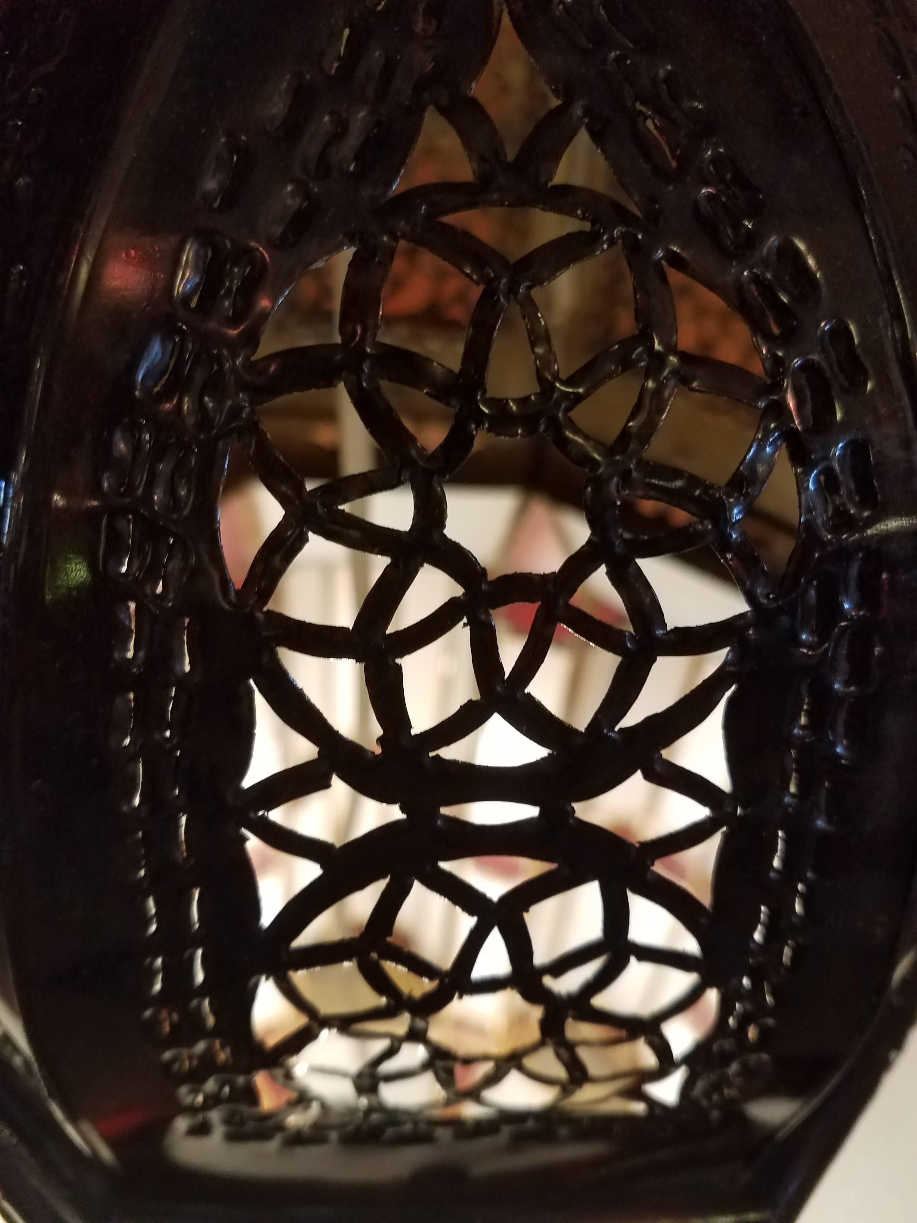 Contemporary Mamounia Metal Lantern, Moroccan Handmade, Red / Frosty White Glass