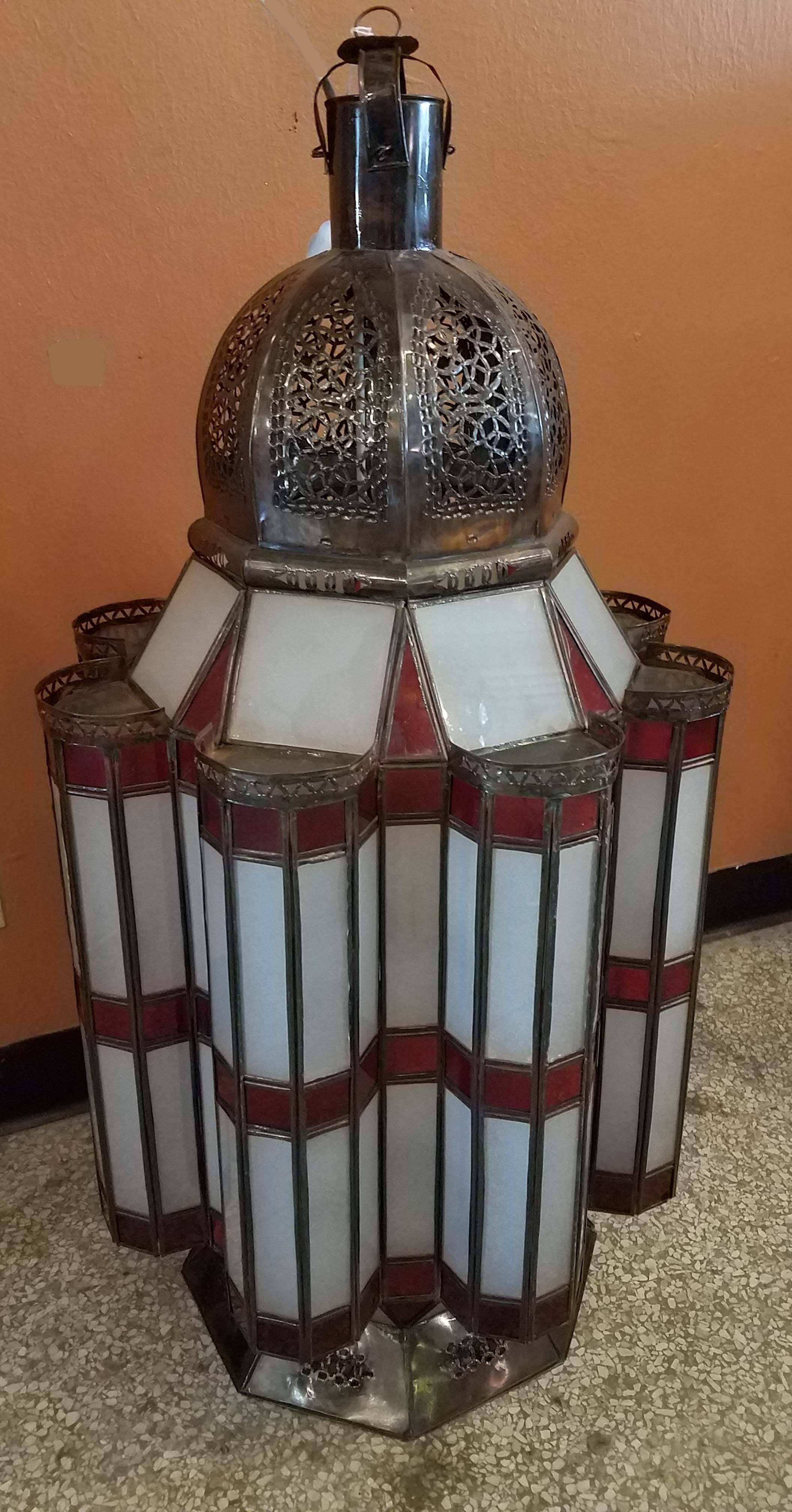 Mamounia Metal Lantern, Moroccan Handmade, Red / Frosty White Glass 2