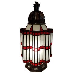 Mamounia Metal Lantern, Moroccan Handmade, Red / Frosty White Glass