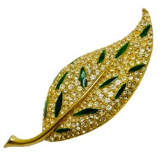 MAMSELLE spilla firmata vintage a foglia d'oro e smalto con strass