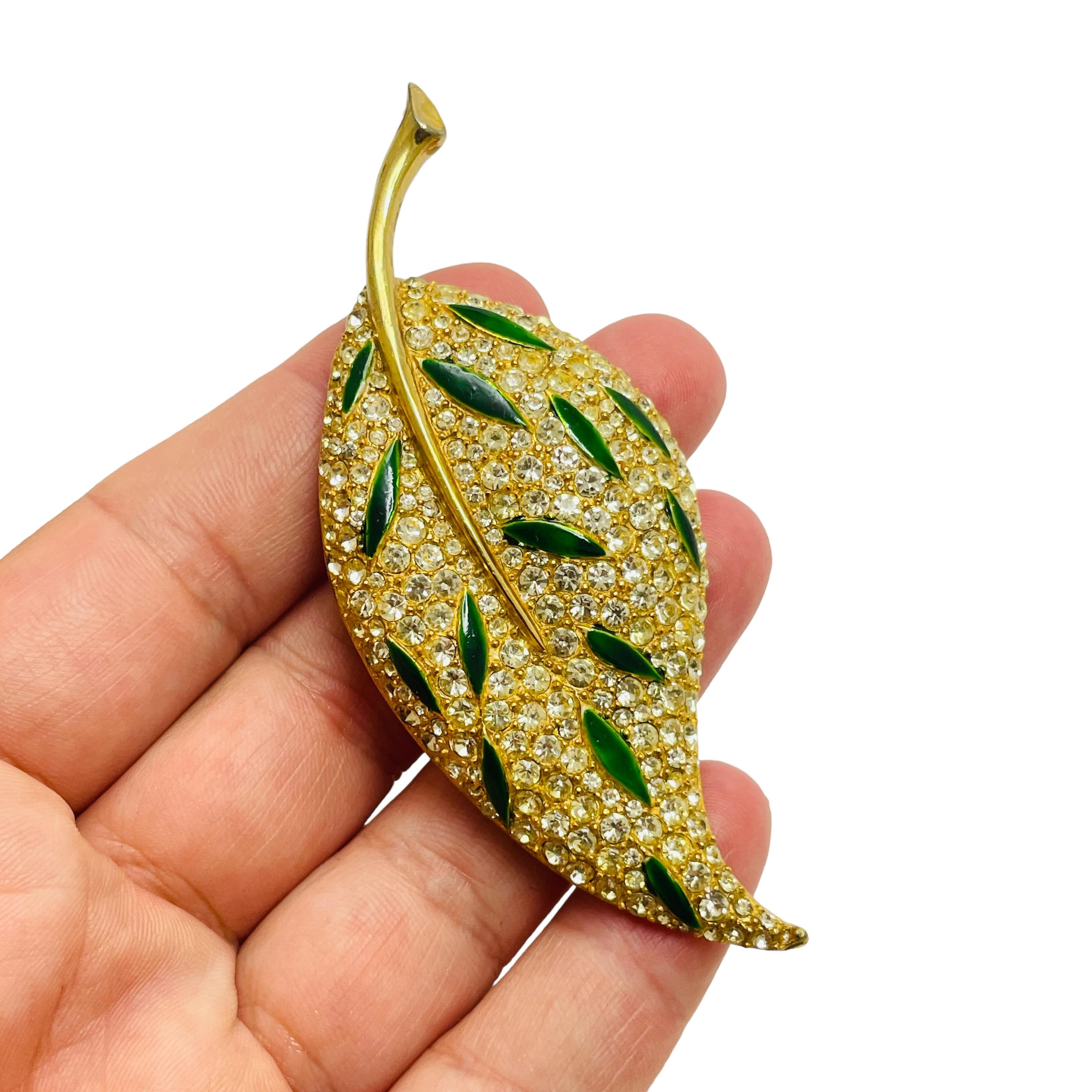 MAMSELLE signed vintage leaf gold enamel rhinestones designer brooch In Good Condition For Sale In Palos Hills, IL