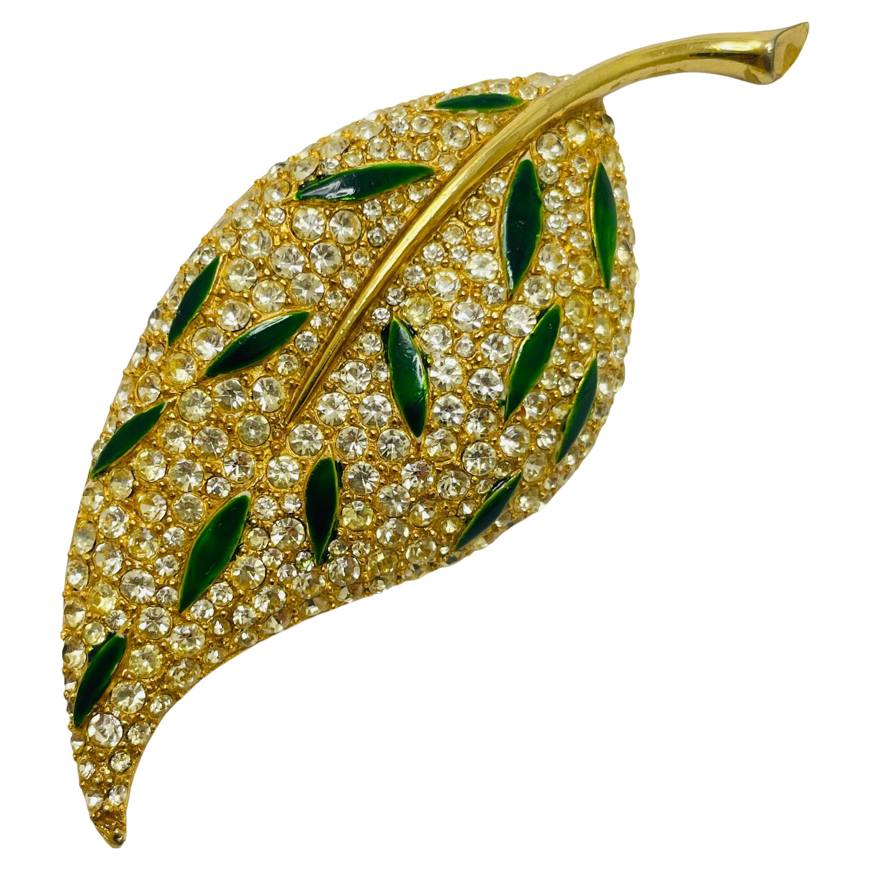 MAMSELLE signed vintage leaf gold enamel rhinestones designer brooch For Sale