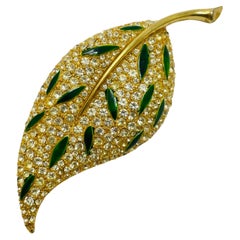 MAMSELLE signed vintage leaf gold enamel rhinestones designer brooch