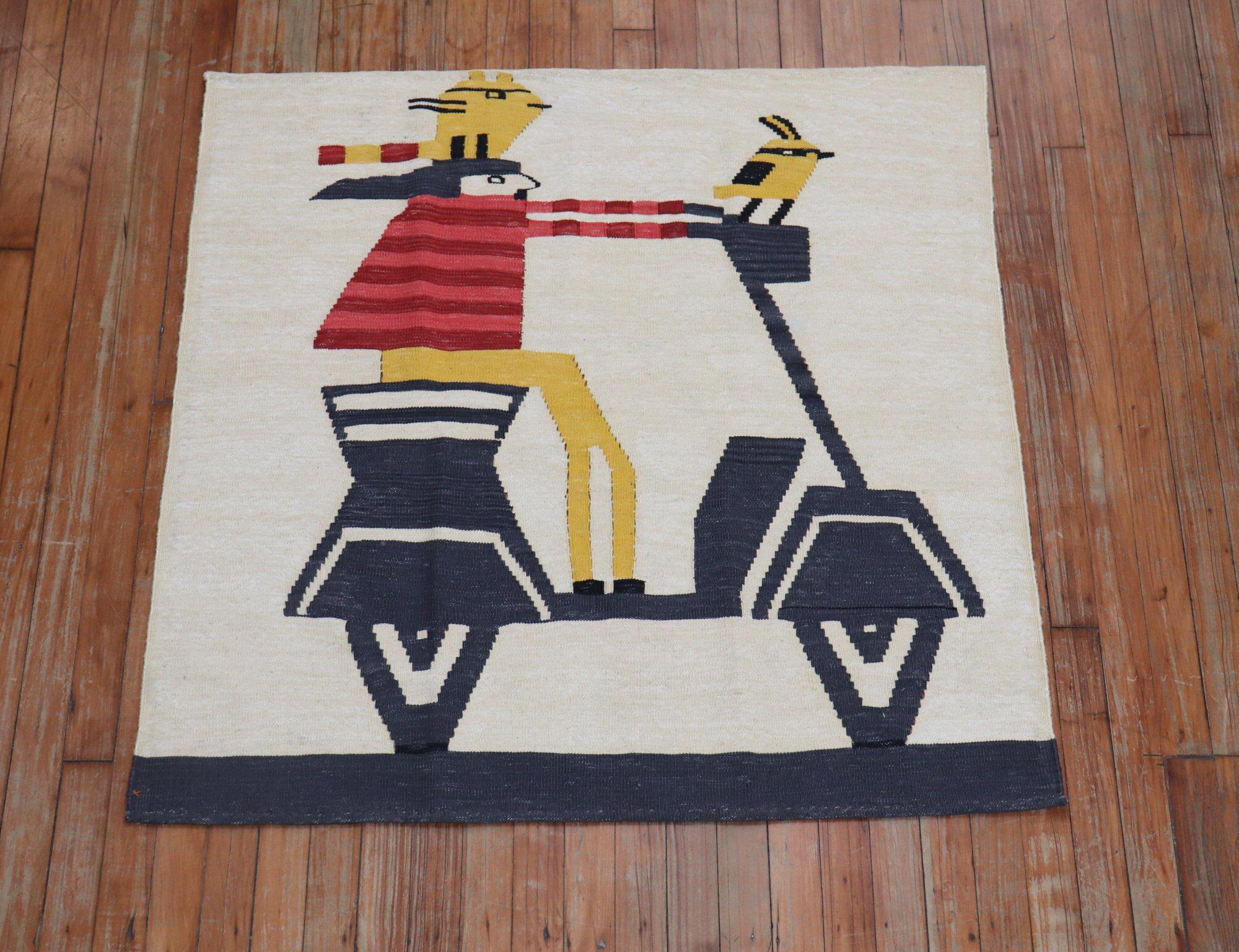Square scatter size Persian Kilim from the 20th century with a man riding on his scooter with 2 birds. Looks like they are going for a thrill ride!! Yeeehaw!!!
This was originally belonging to a private Persian collector who requested to make a