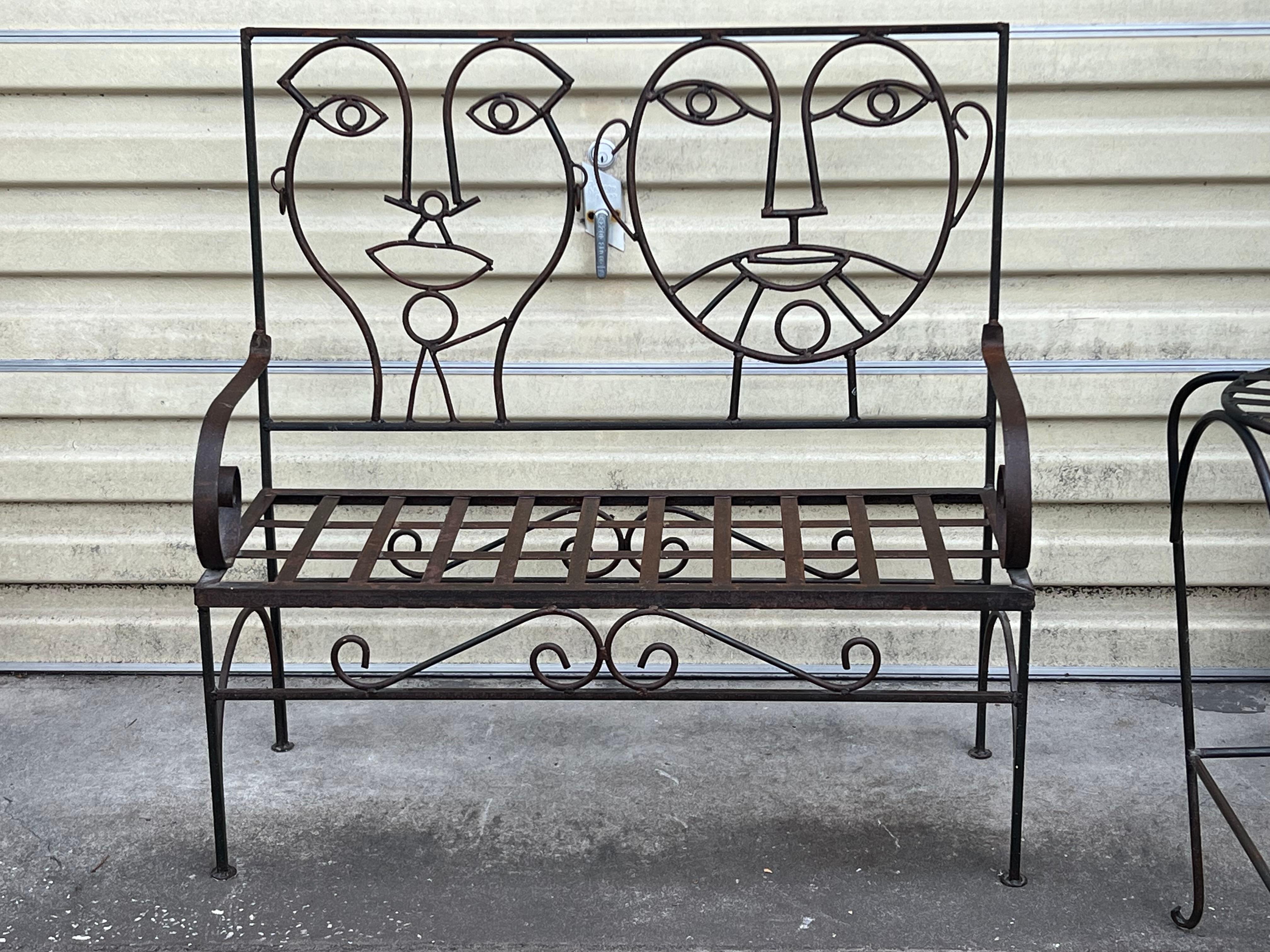 1980s John Risley inspired Pop Art Man and Woman heavy wrought iron two-seater bench 

Offered in a separate listing is the complementary pair of  Man and Woman wrought iron barstools. Please see last photo. 

All 3 pieces can be shipped together if