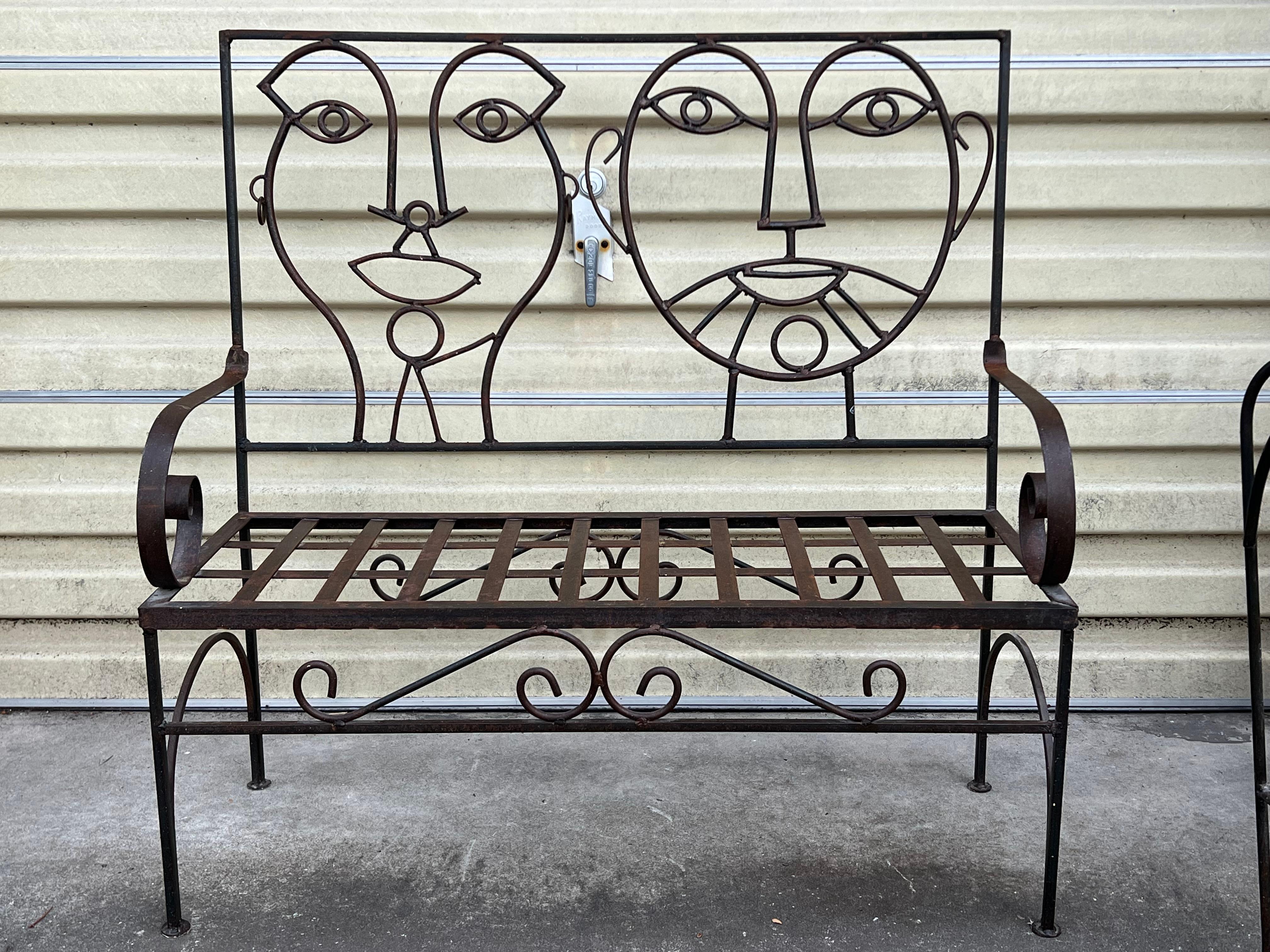 Mid-Century Modern 80s John Risley Inspired Man and Woman Pop Art Iron Bench