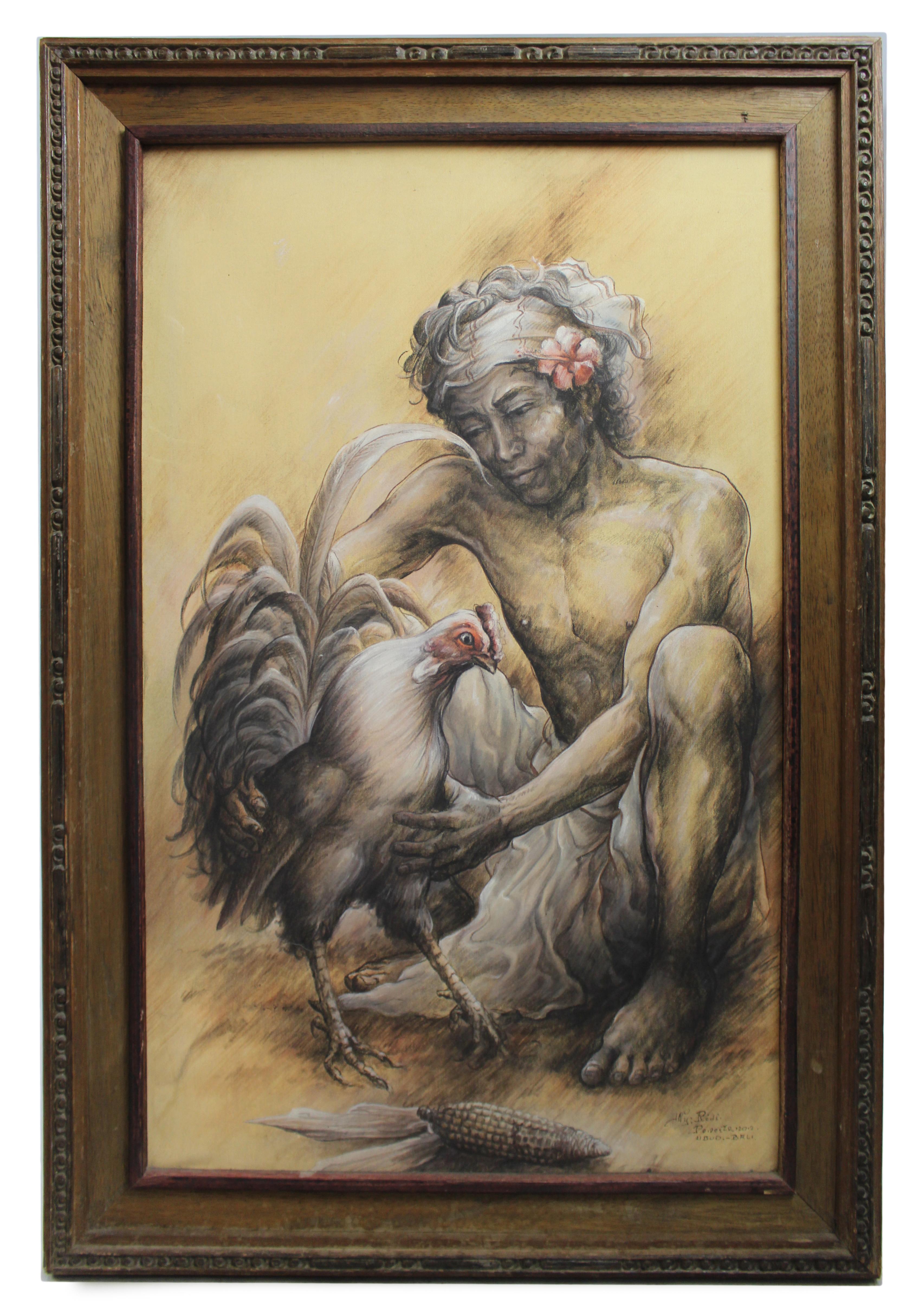 Man & Cockerel by Nyoman Ridi (Indonesian, 1945-)


Period c.1975

Artist Nyoman Ridi (Indonesian, 1945-), signed by the artist to the lower right

Medium Mixed media on canvas

Size Frame measures 71 x 105 cm / 28 x 41 1/2 in 

Frame Set