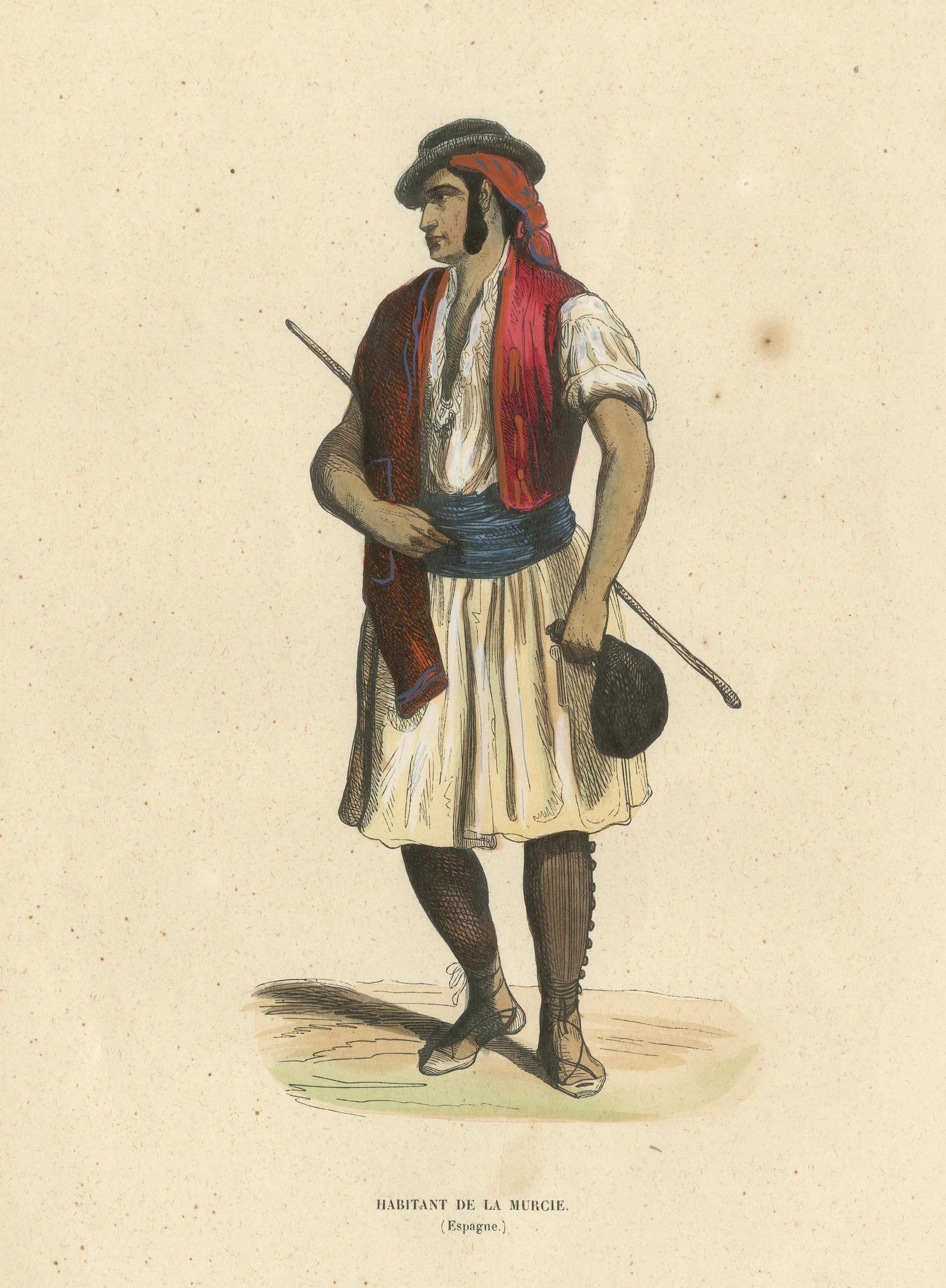 Man from Murcia, Spain – Hand-Coloured Lithograph by Markaert, c.1845