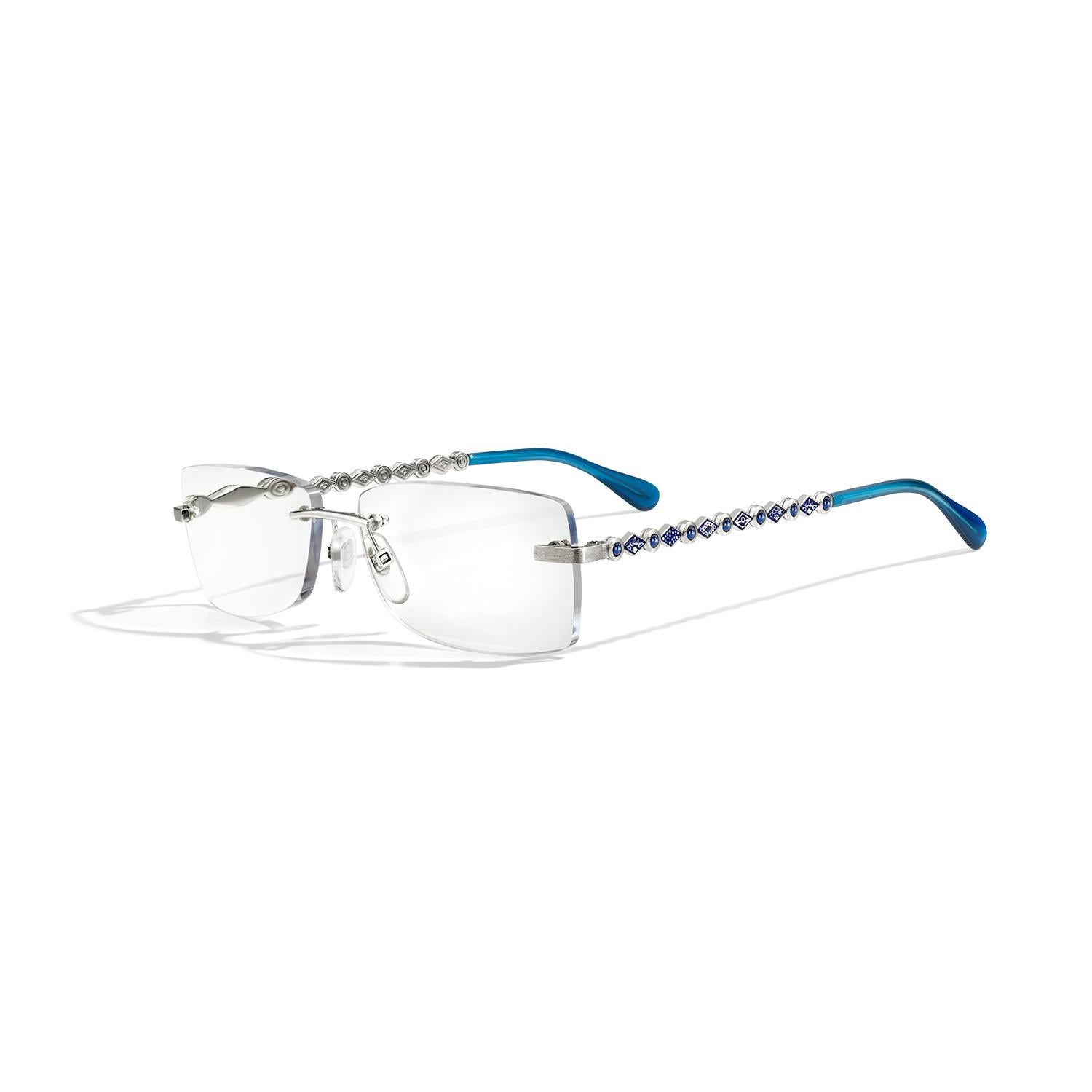 Modern Man Glasses White Gold Blue Sapphires Hand Decorated with MicroMosaic For Sale