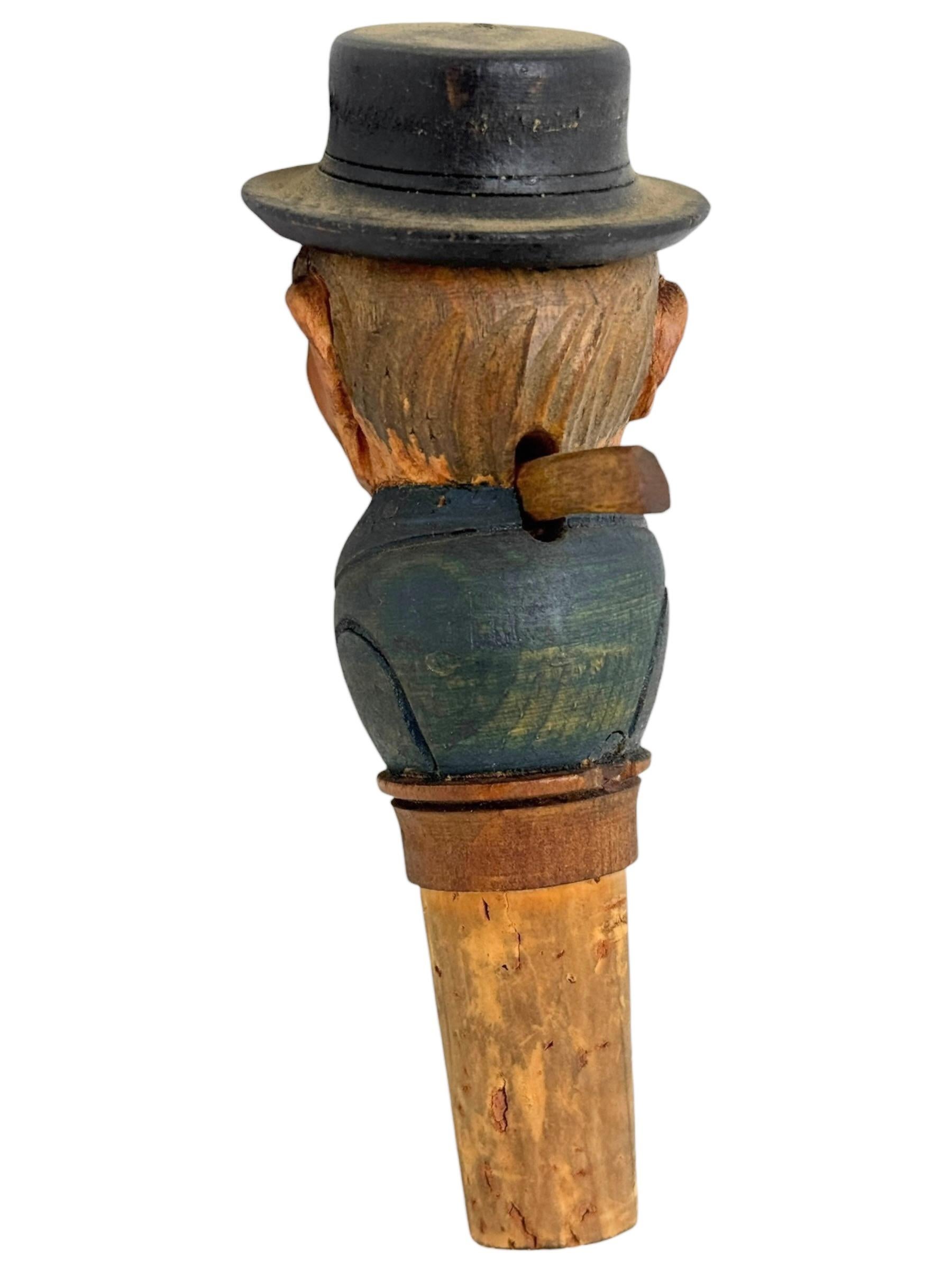 Austrian Man Hand Carved and Painted Black Forest Mechanical Wooden Bottle Stopper, 1930s For Sale