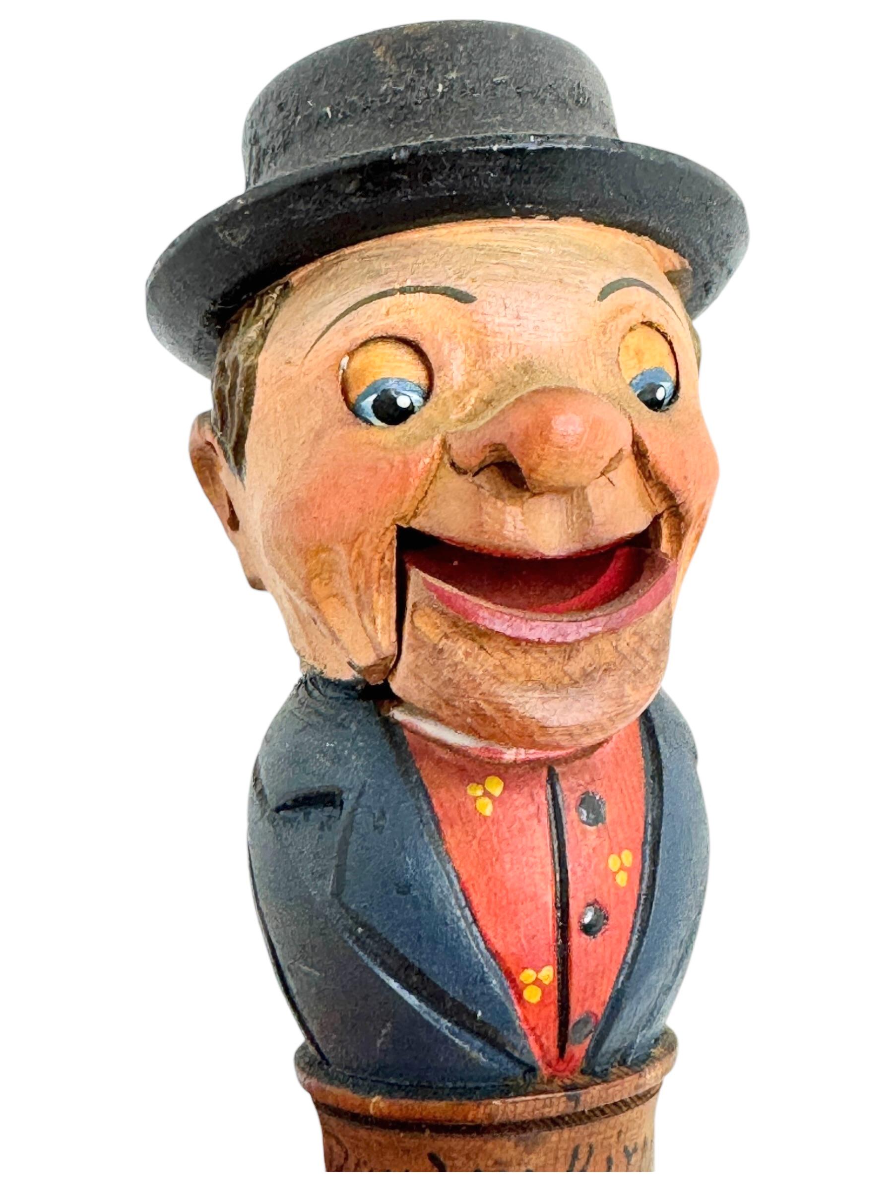 Mid-20th Century Man Hand Carved and Painted Black Forest Mechanical Wooden Bottle Stopper, 1930s For Sale