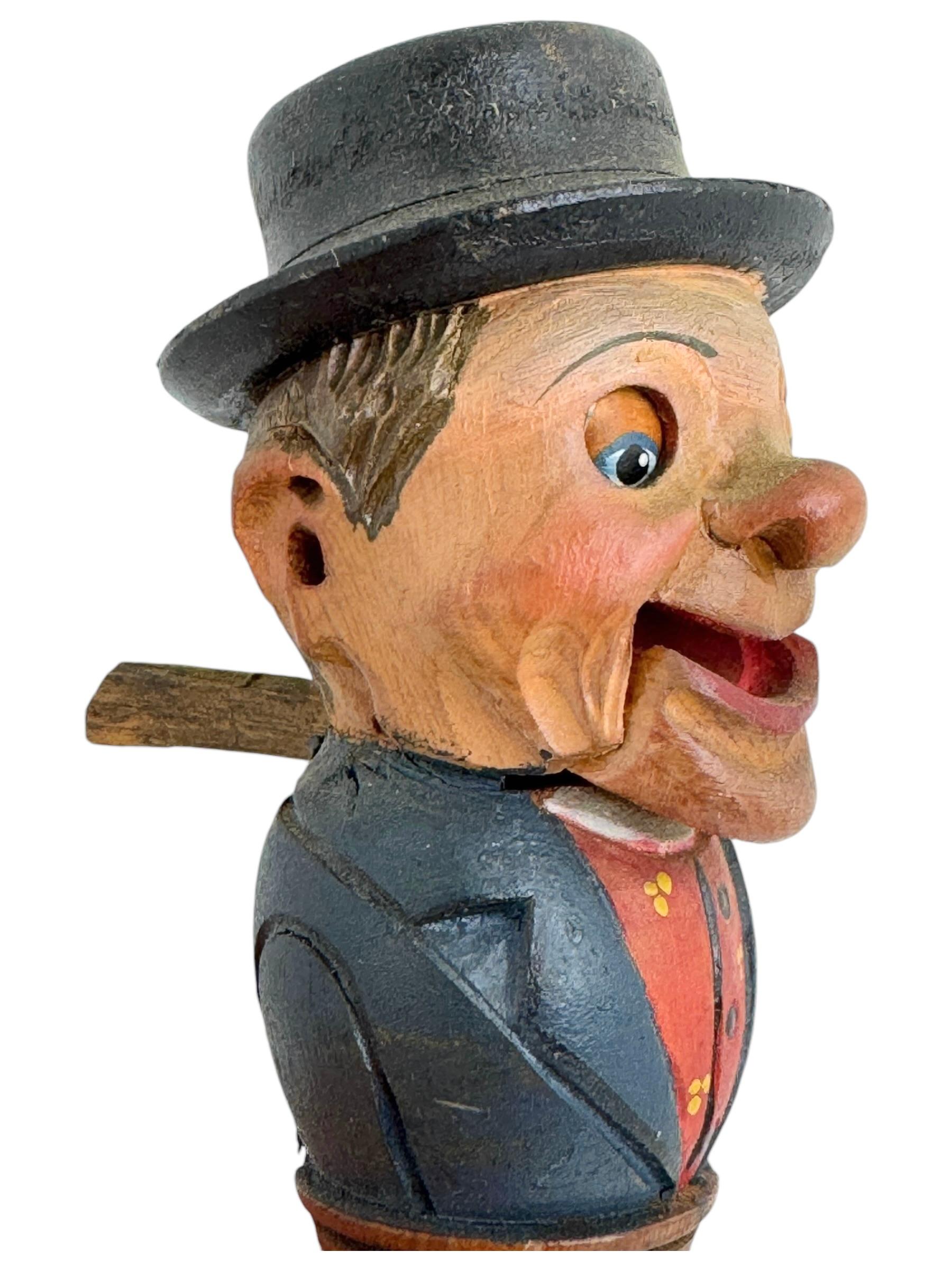 Man Hand Carved and Painted Black Forest Mechanical Wooden Bottle Stopper, 1930s For Sale 1