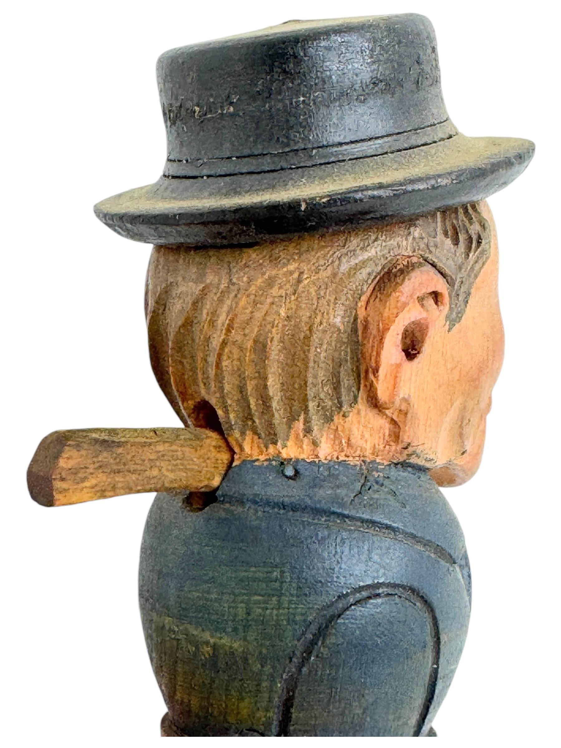 Man Hand Carved and Painted Black Forest Mechanical Wooden Bottle Stopper, 1930s For Sale 2