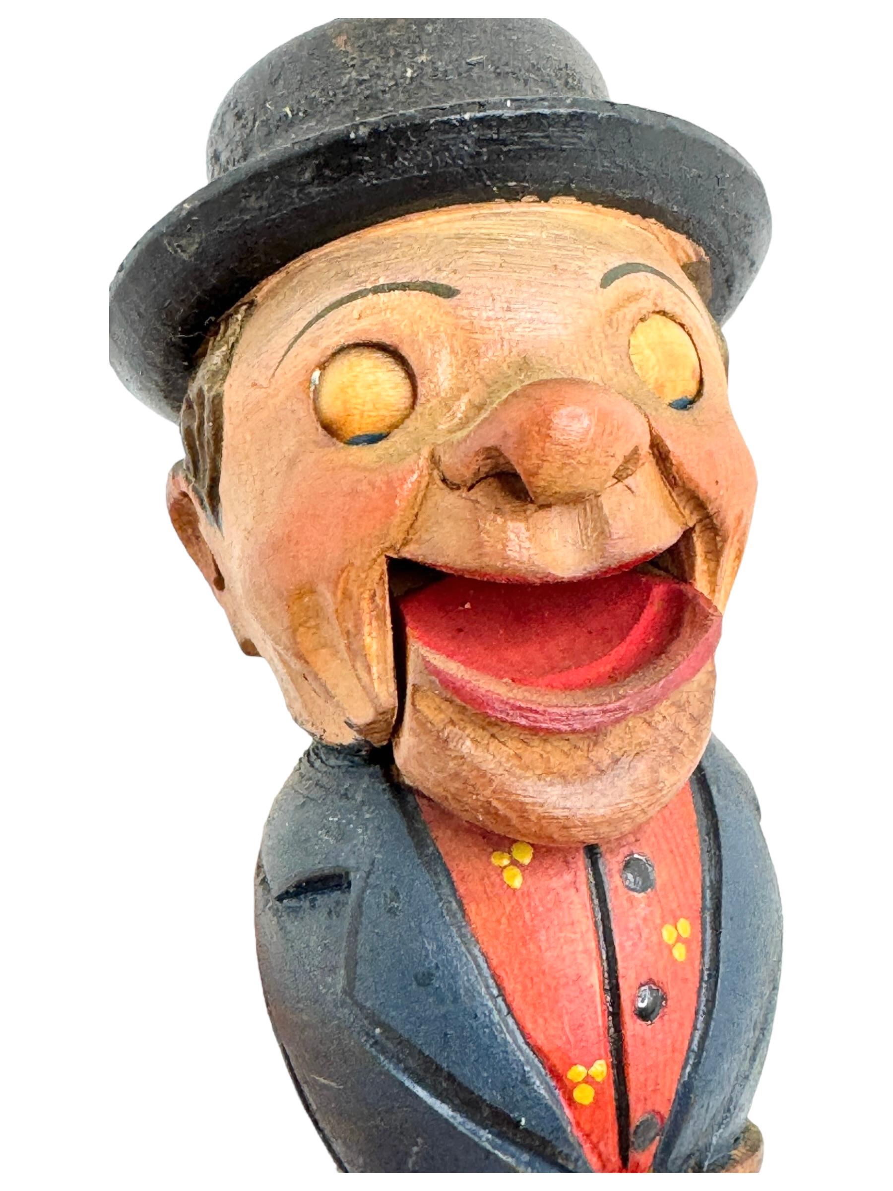 Man Hand Carved and Painted Black Forest Mechanical Wooden Bottle Stopper, 1930s For Sale 3