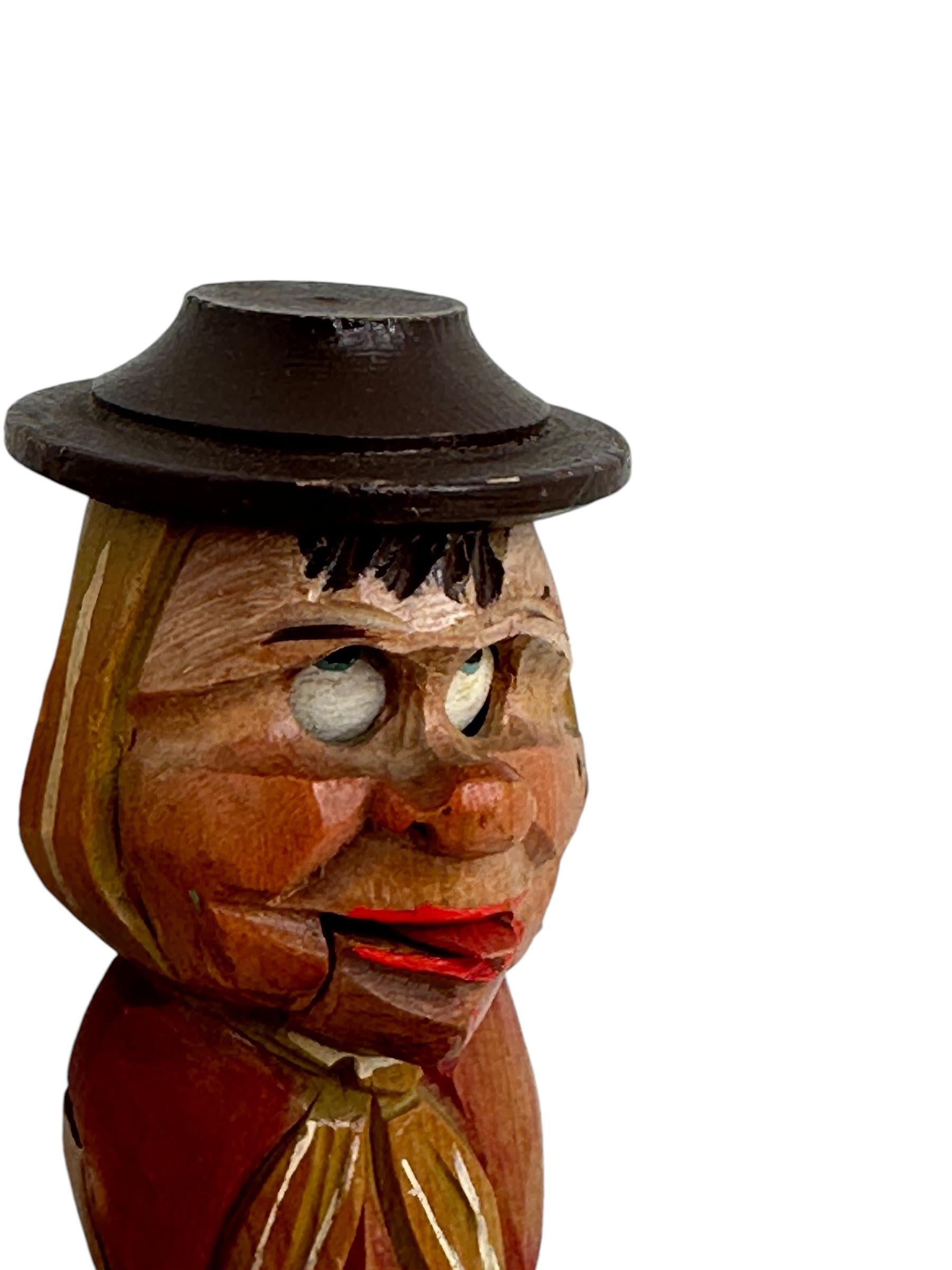 Man Hand Carved and Painted Black Forest Mechanical Wooden Bottle Stopper, 1930s For Sale 1