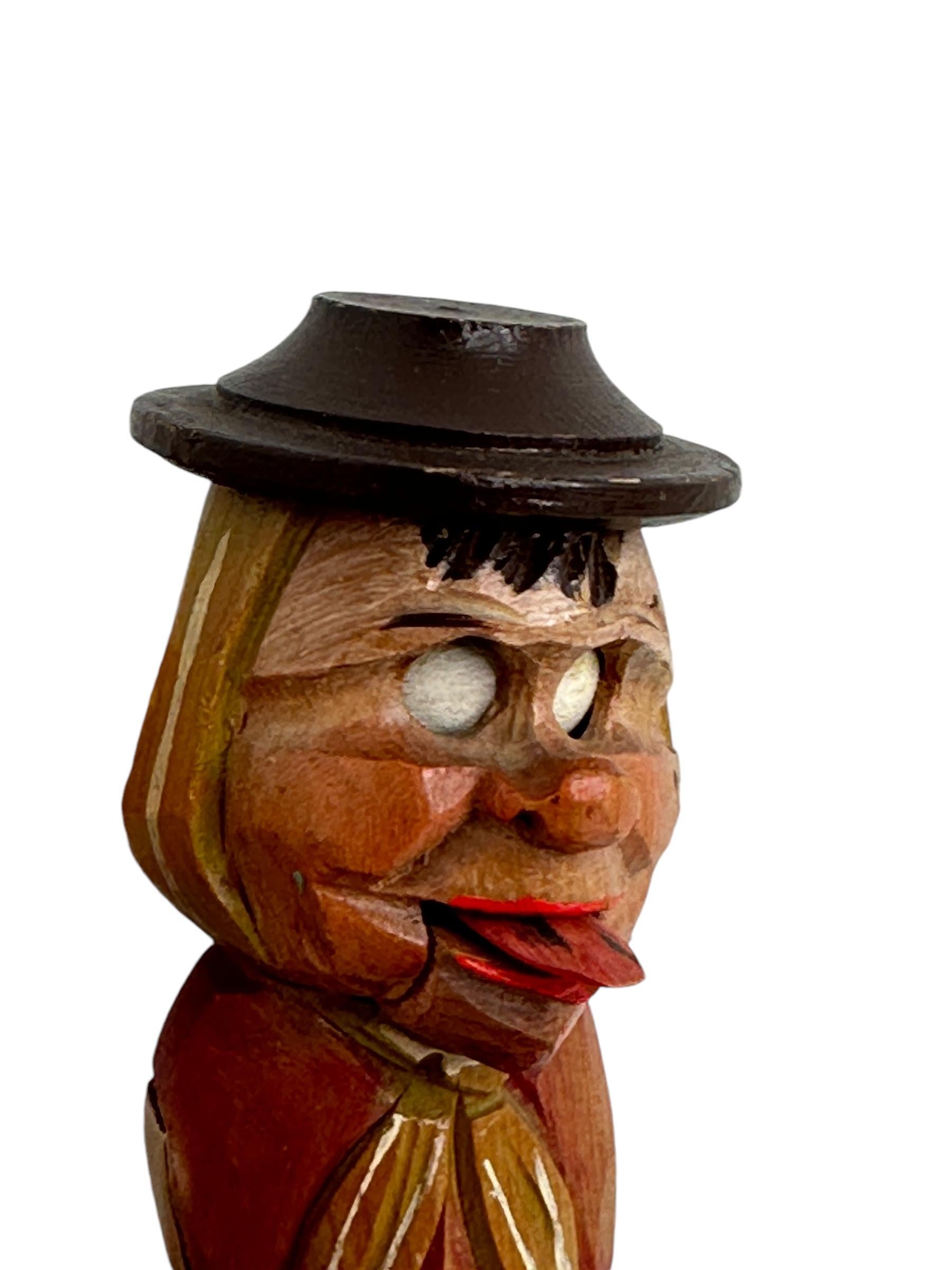 Man Hand Carved and Painted Black Forest Mechanical Wooden Bottle Stopper, 1930s For Sale 2