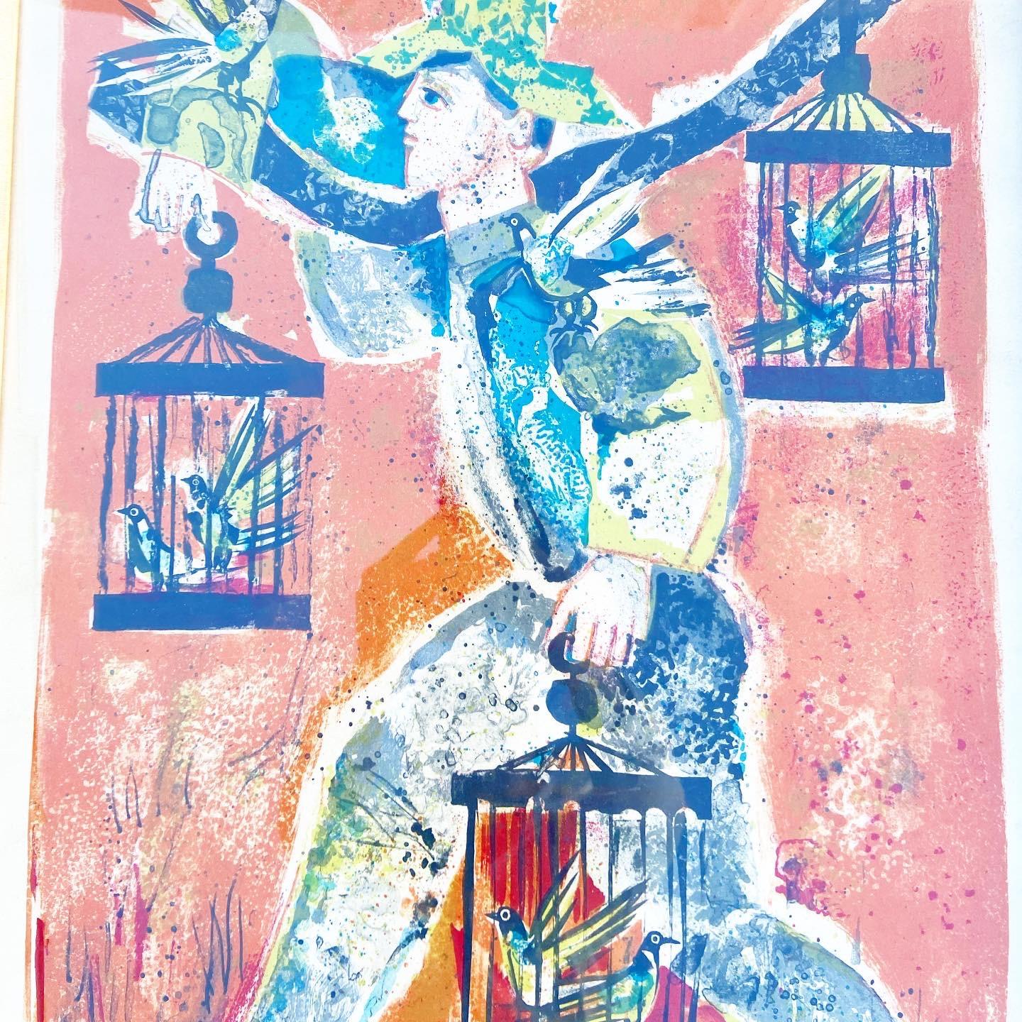 Lithographie exotique encadrée représentant un homme tenant des oiseaux dans des cages. Numéroté 74/120.

Informations complémentaires :
MATERIAL : Verre, papier, bois
Couleur : vert, orange
Style : Mid-Century, Vintage
Artiste :