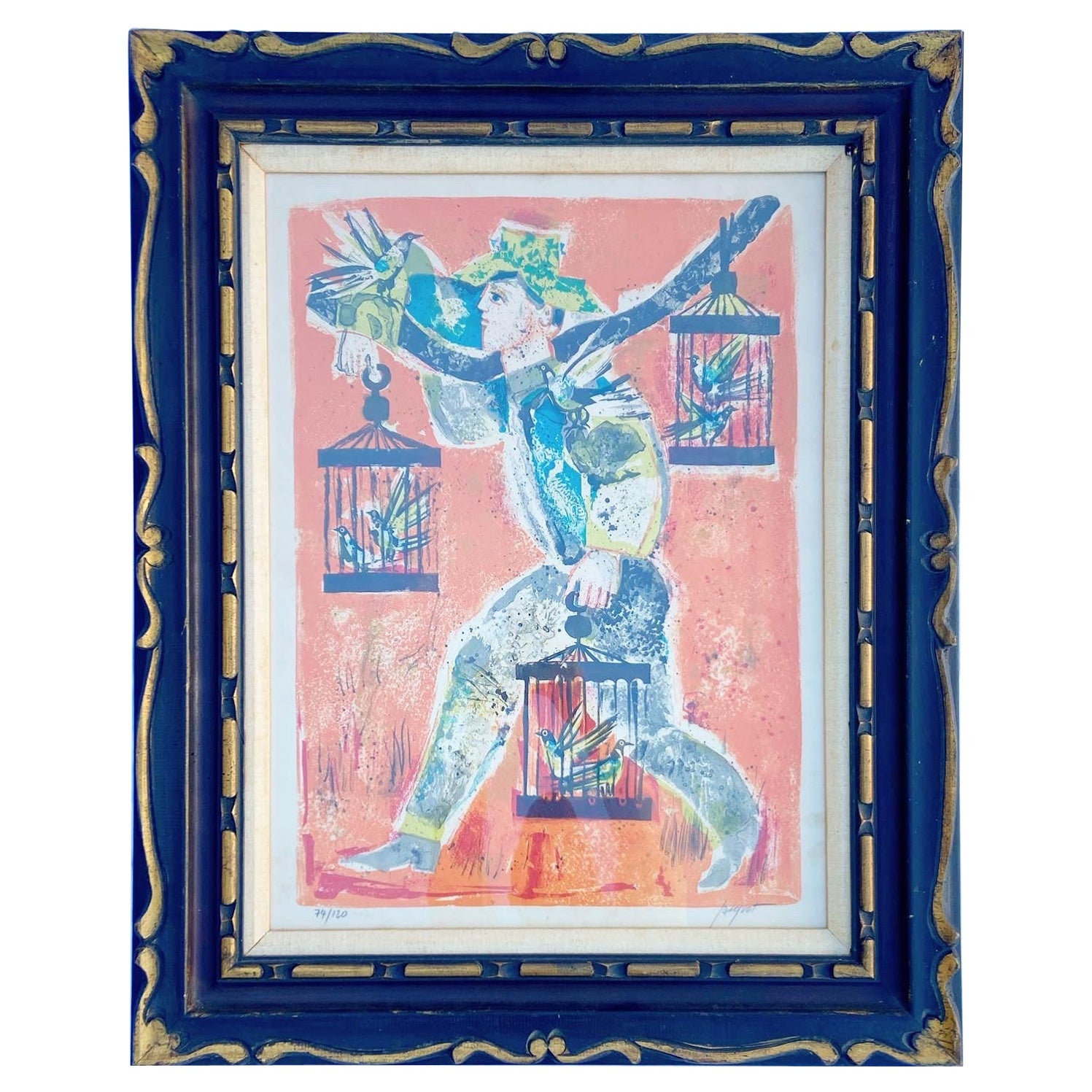 Man tenant des oiseaux, lithographie encadrée et signée 74/120 par Laiquot en vente