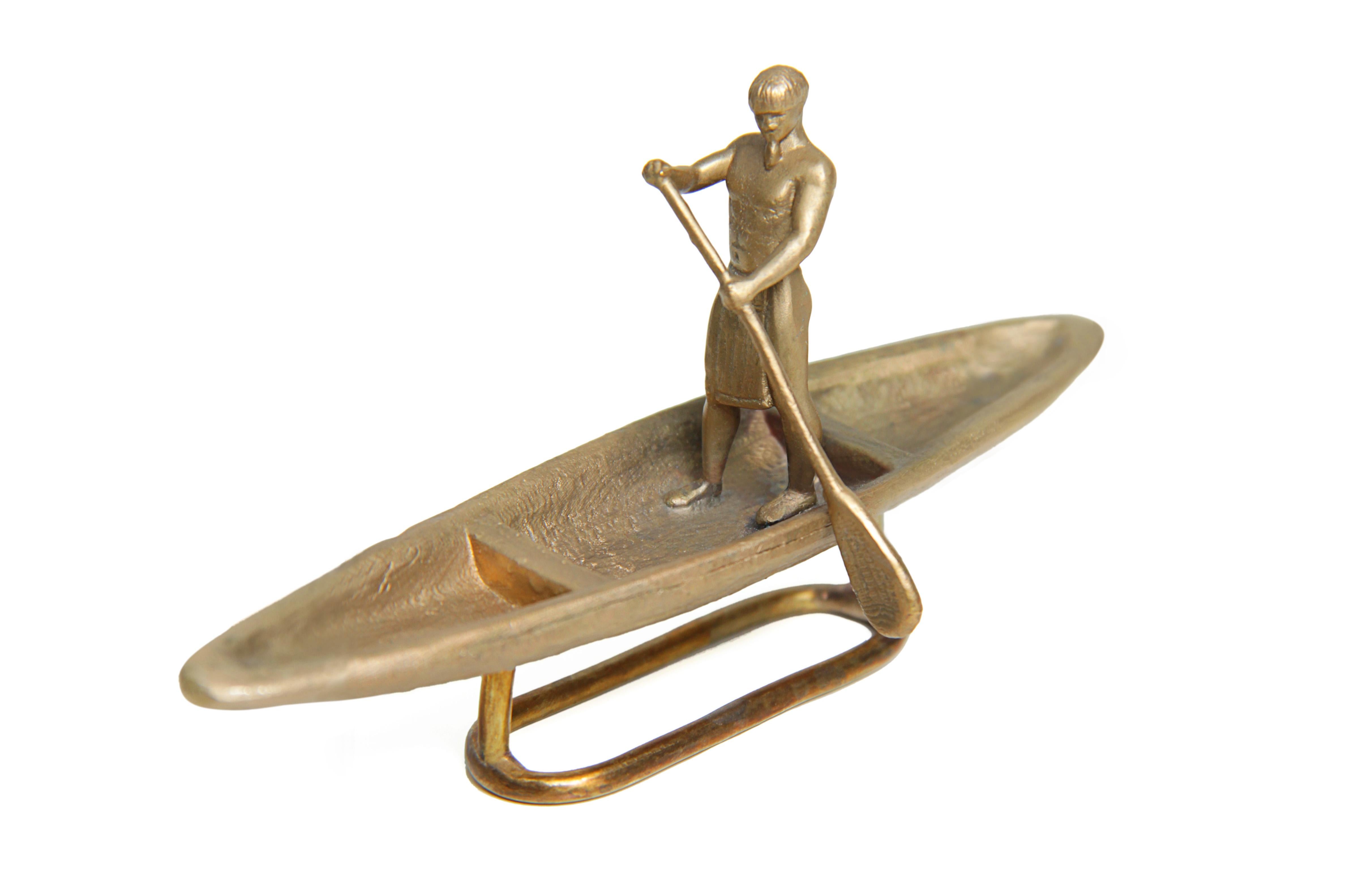 Contemporary Man in a Canoe Sculpture in Polished/Brushed Brass For Sale