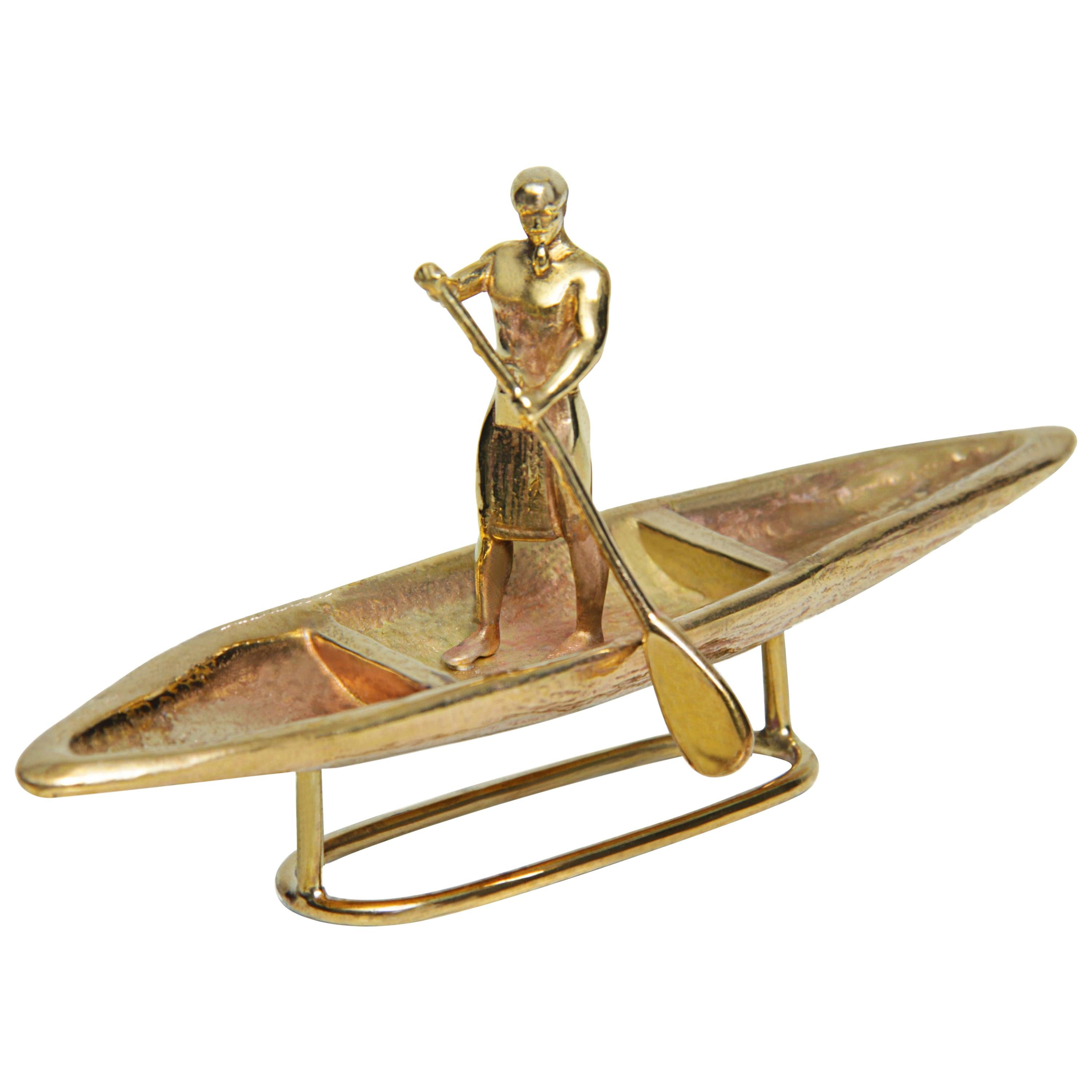 Man in a Canoe Sculpture in Polished/Brushed Brass For Sale
