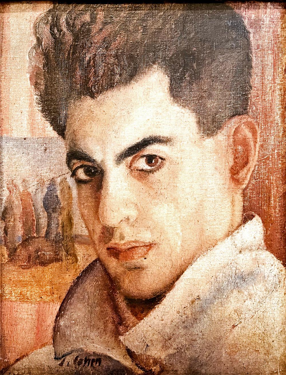 Bold and intense, this portrait -- or perhaps self-portrait -- of a young man with pale skin, dark, flowing hair and a direct stare was painted by T. Cohen in the first decades of the 20th century. He has painted a cluster of figures and an animal