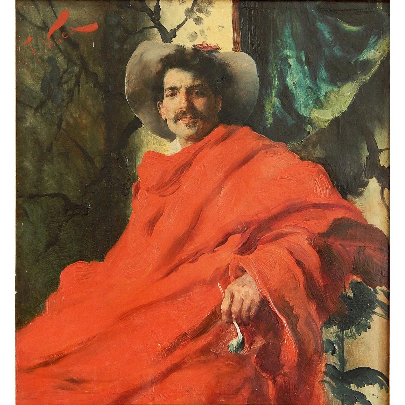 "Man in Crimson Cloak, " Bravura Painting by Francesco Vinea, Belle Epoch