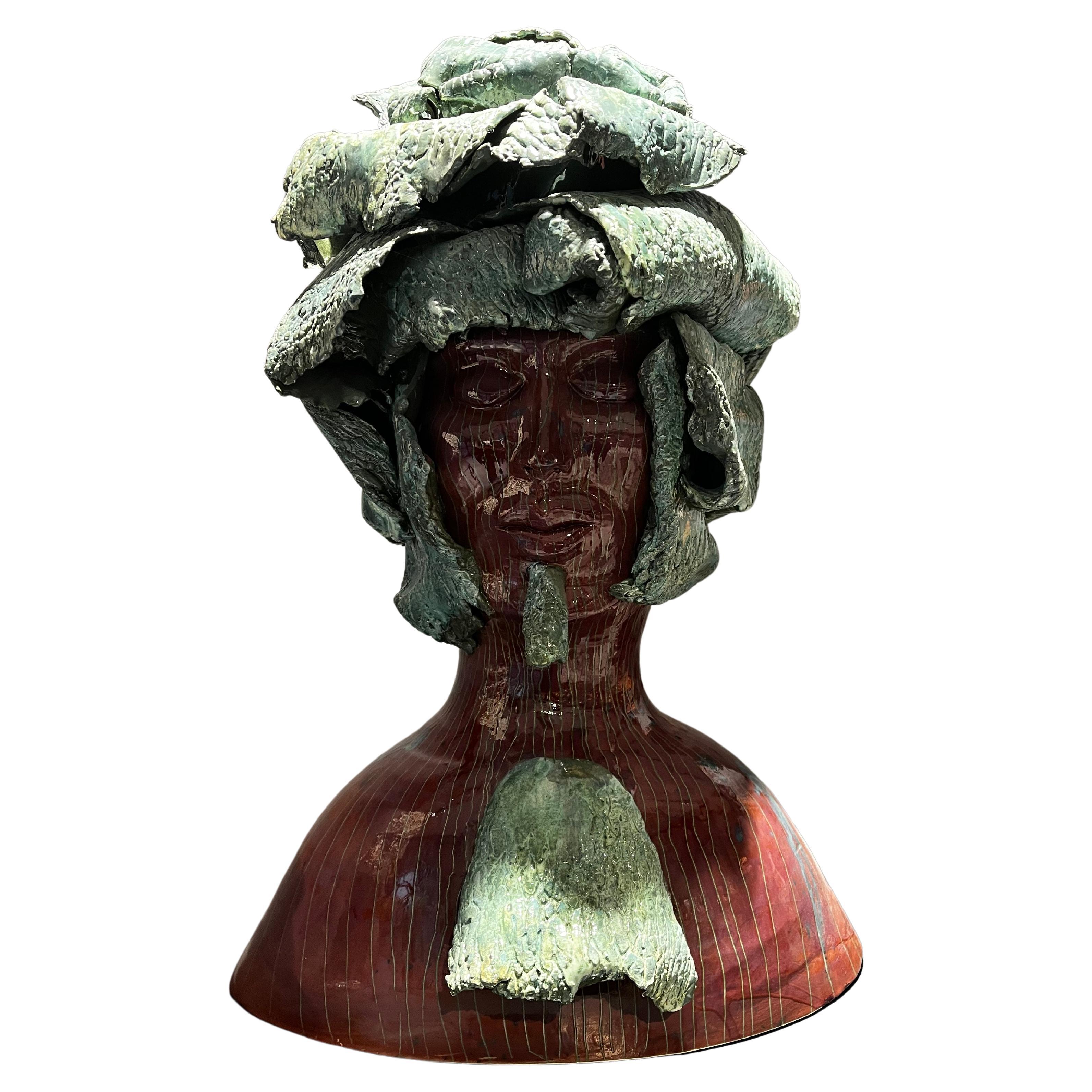 Man in Nature Head Ceramic Centerpiece Handmade in Italy Without Mold. 2023 For Sale