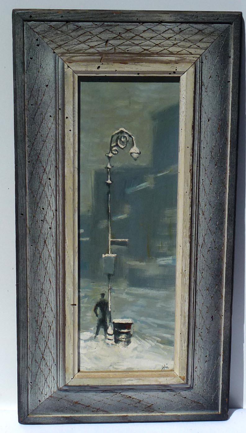 Man in Snow, oil on board. Late 1950's or early 1960's. A subtle and haunting image. The frame is 22 1/2