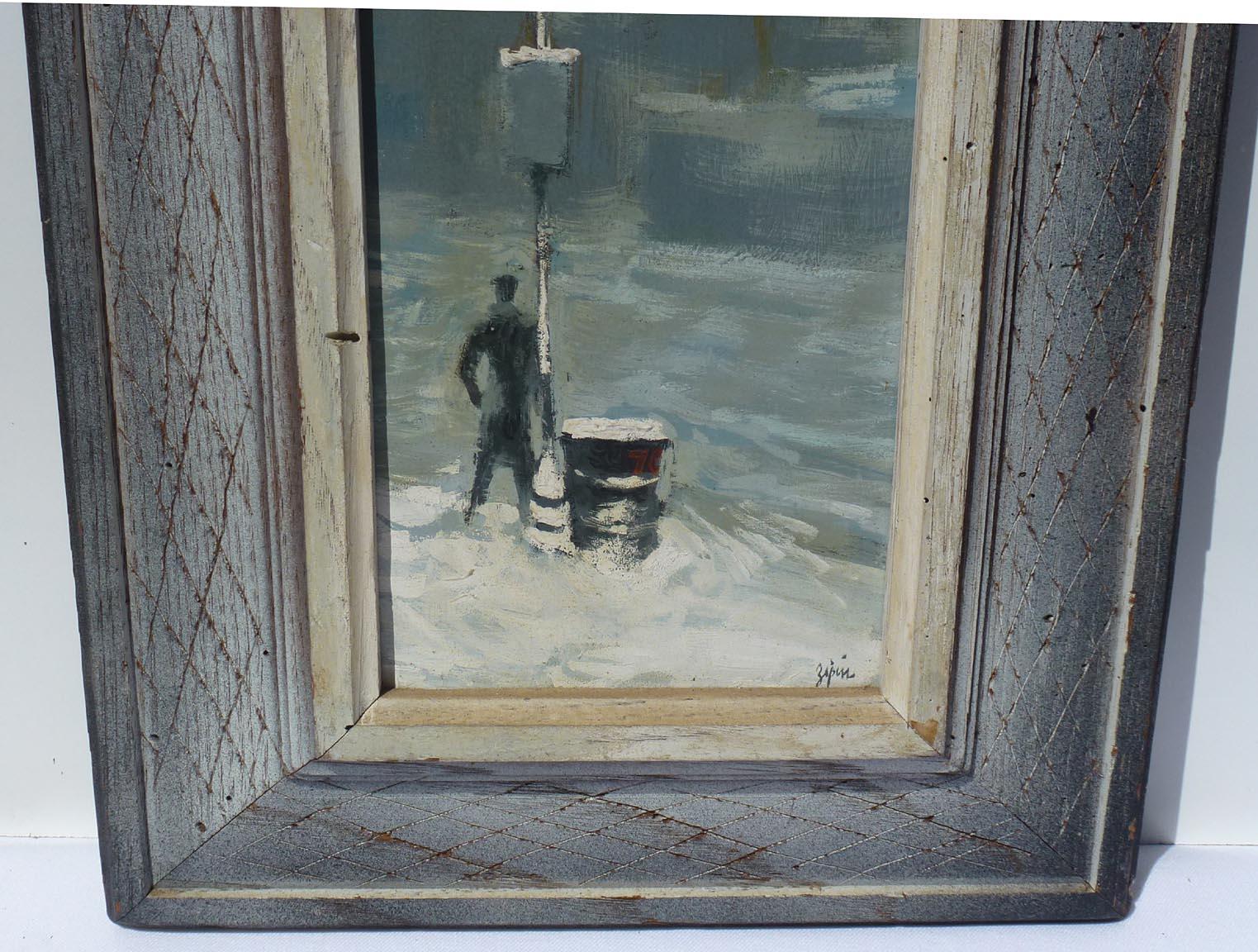 American Man in Snow, oil on board. Late 1950's or early 1960's by the late Martin Zipin 