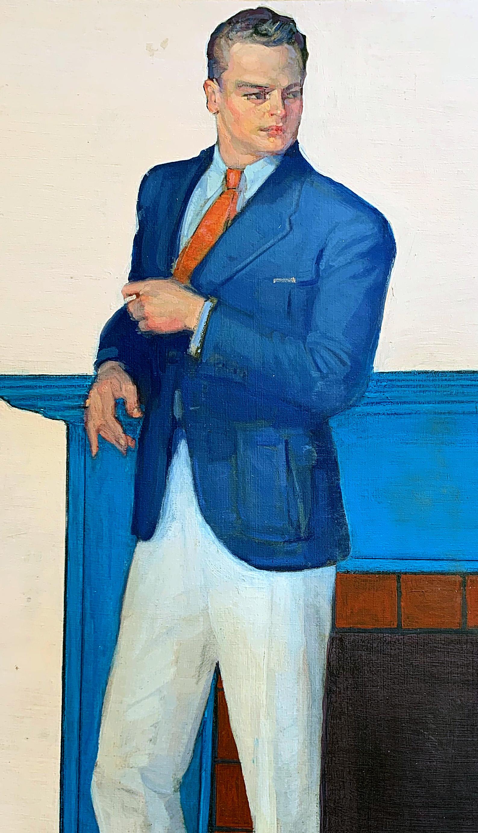 Crisp and elegant in his deep blue jacket and white trousers, leaning against a blue fireplace surround and ruddy with good health, this handsome portrait of a 1930s gentleman is the epitome of Depression-era sophistication. The painting is by Henry