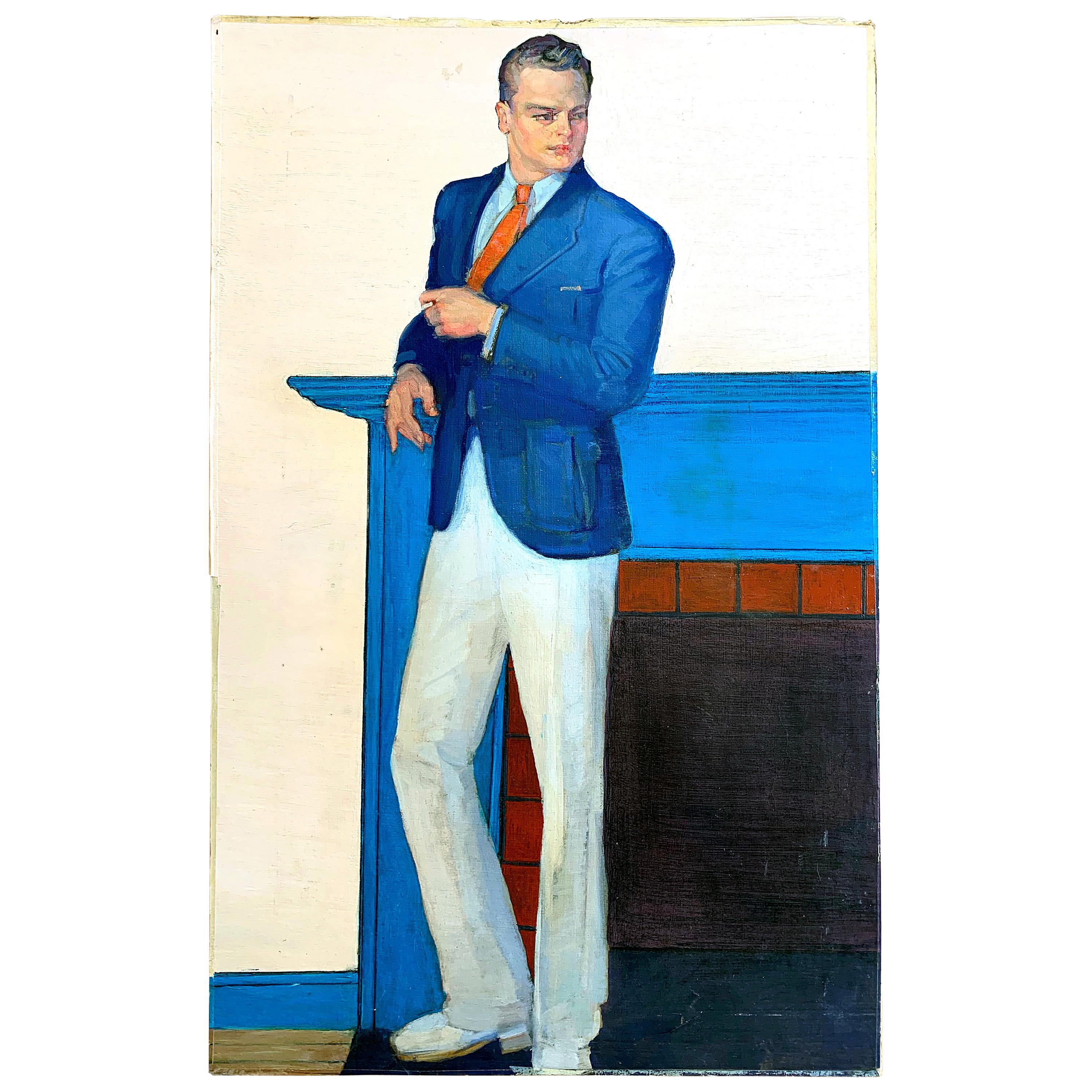 "Man in Summer Jacket, " Elegant Depiction of 1930s Gentleman in White and Blue