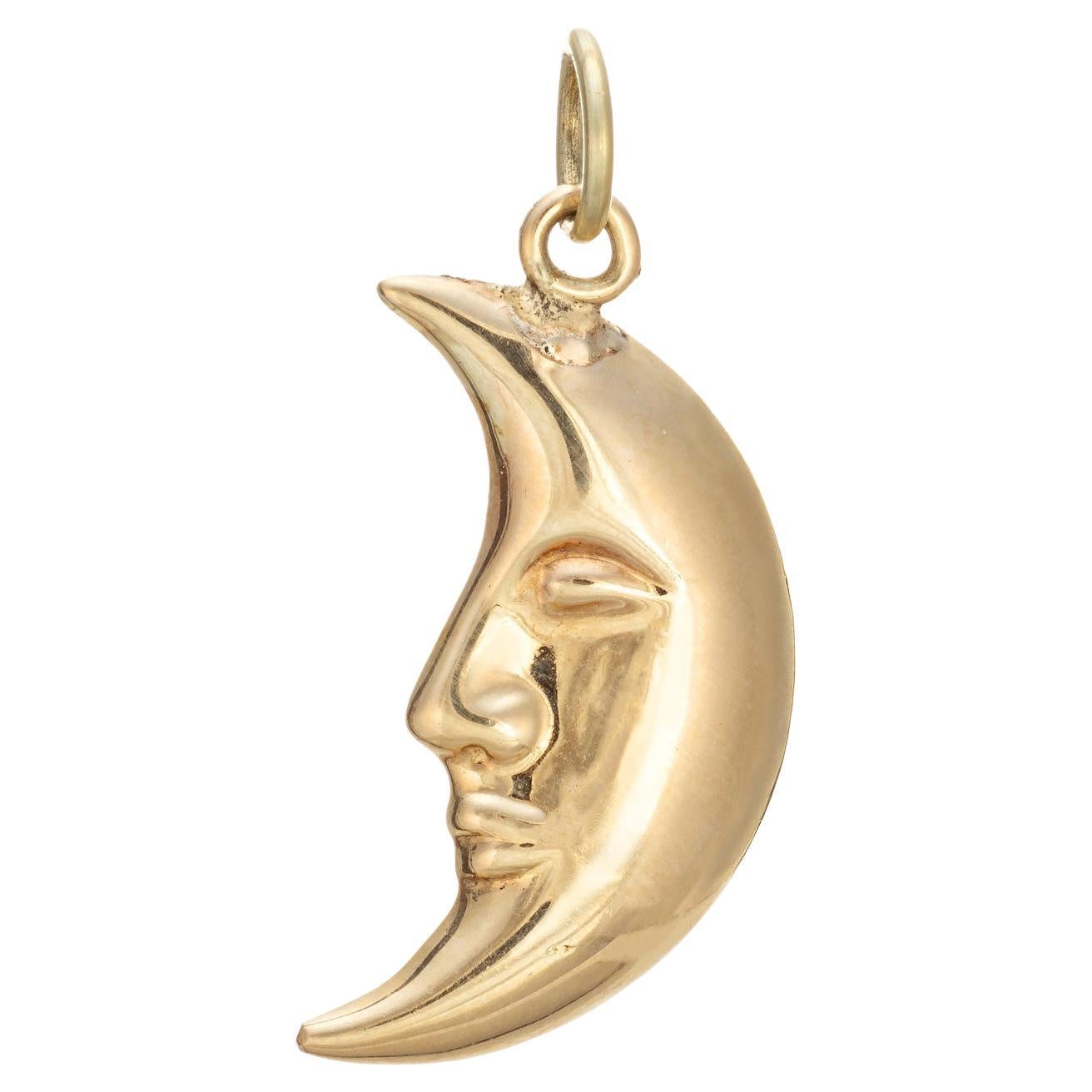 Man in the Moon Charm Vintage 14k Yellow Gold Pendant Celestial Fine Jewelry For Sale